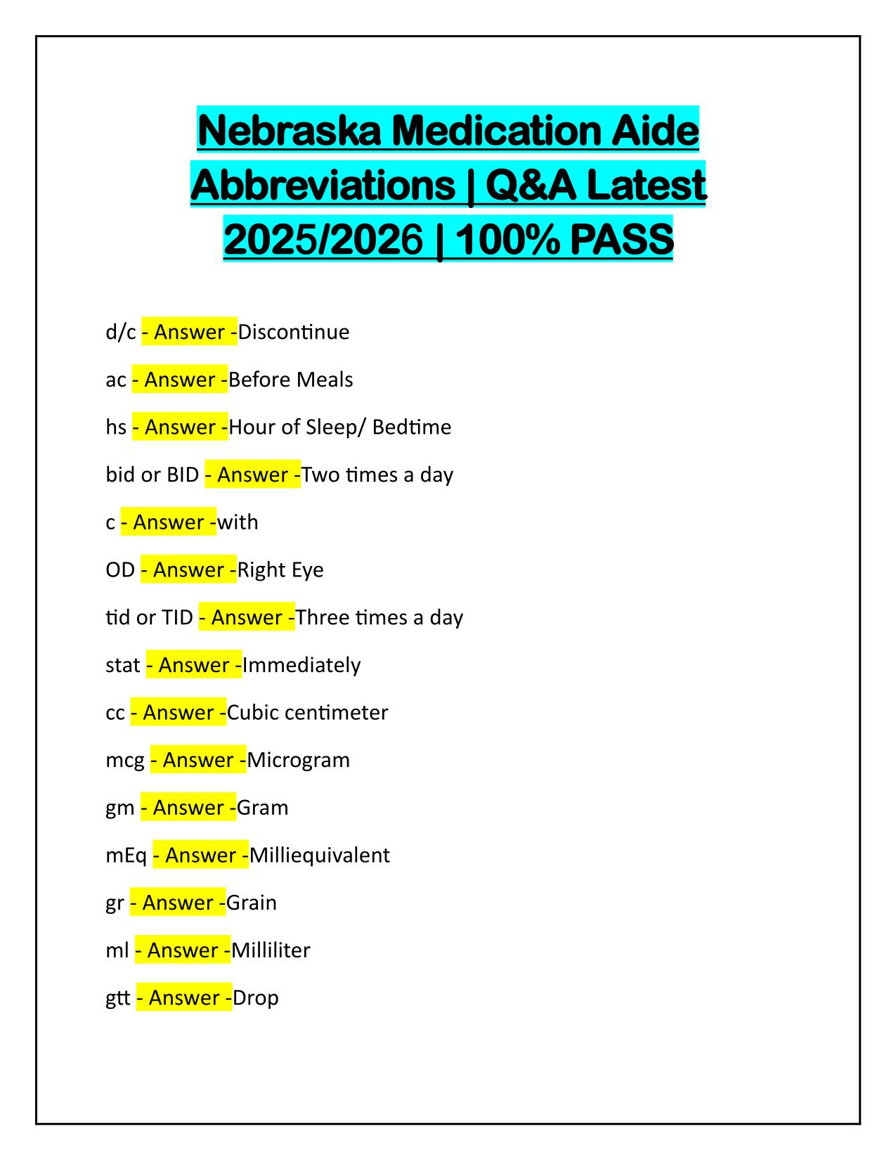Nebraska Medication Aide Abbreviations with Correct Solutions 2025