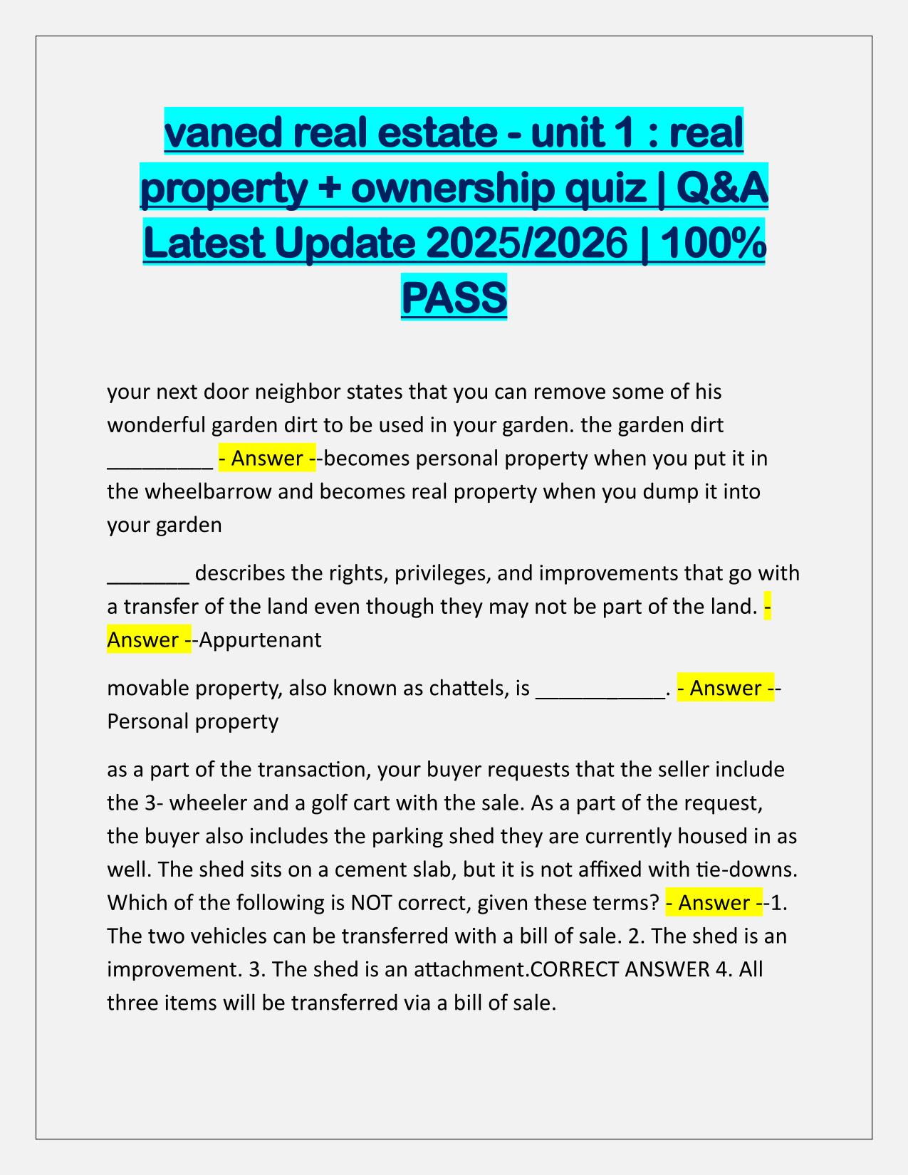 VanED real estate-unit 1, real property+ownership quiz Q&A Latest Update