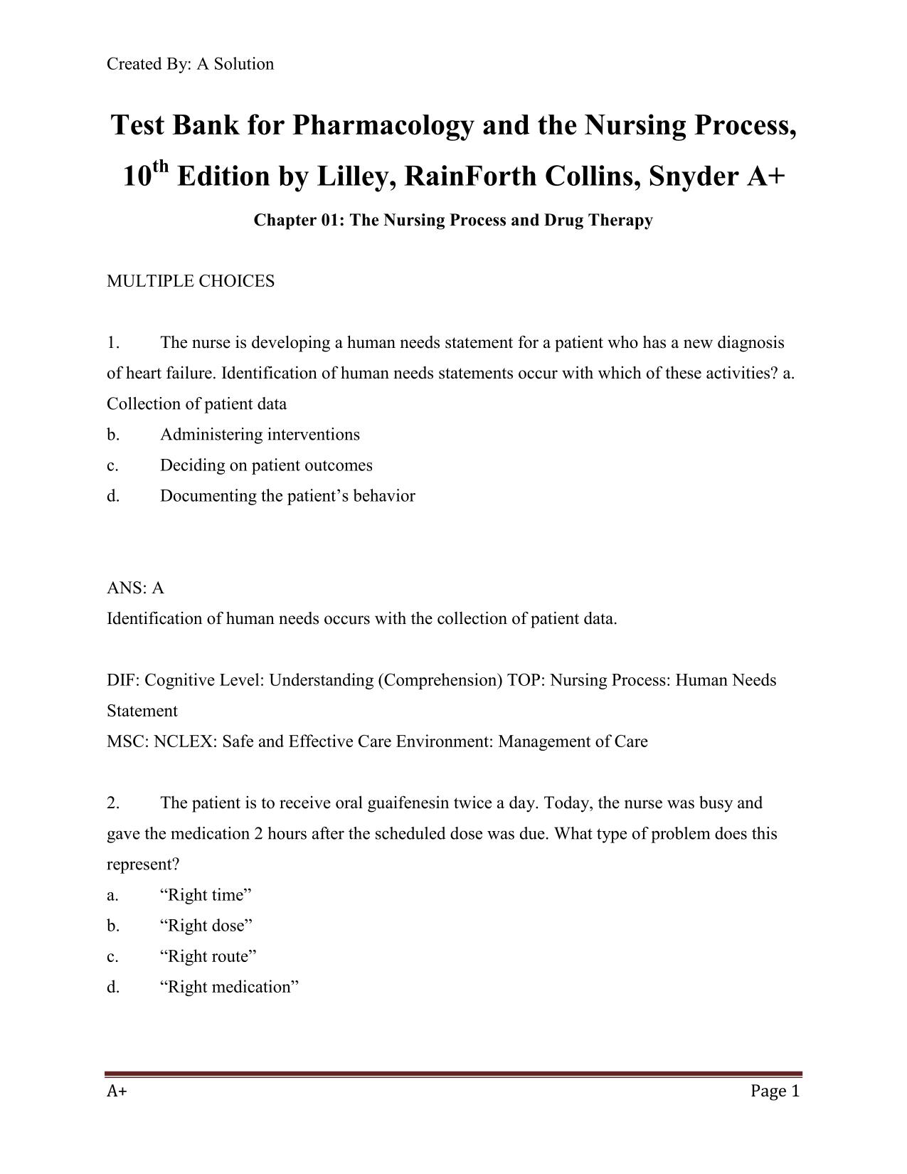 Test Bank for Pharmacology and the Nursing Process, 10th Edition by Lilley, RainForth Collins ISBN 9780323827997 Snyder A+