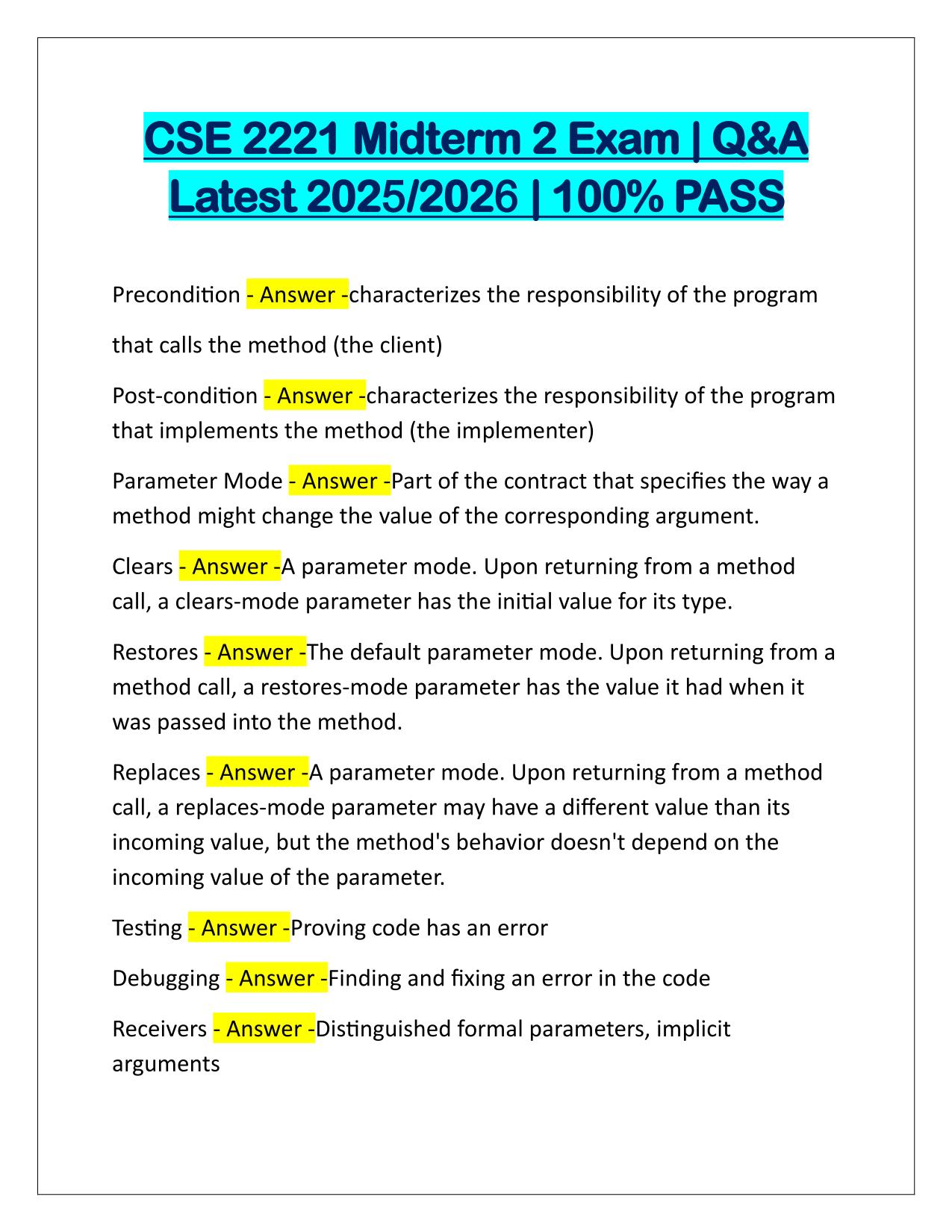 CSE 2221 Midterm 2 Exam Correctly Answered Latest Update