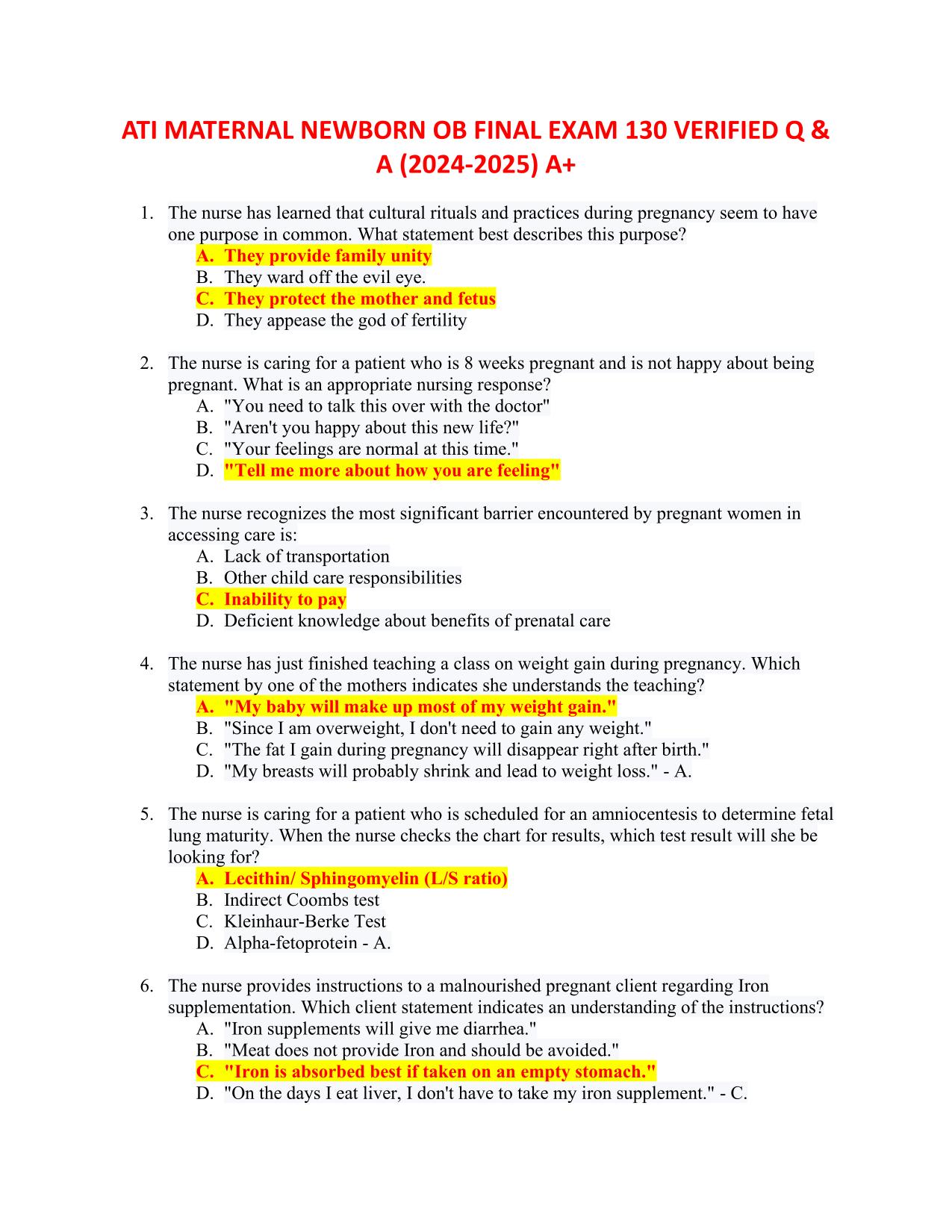 ATI Maternal Newborn EXAM 2025/2026 GRADED A 130 QUESTIONS AND ANSWERS WITH NGN PDF Download