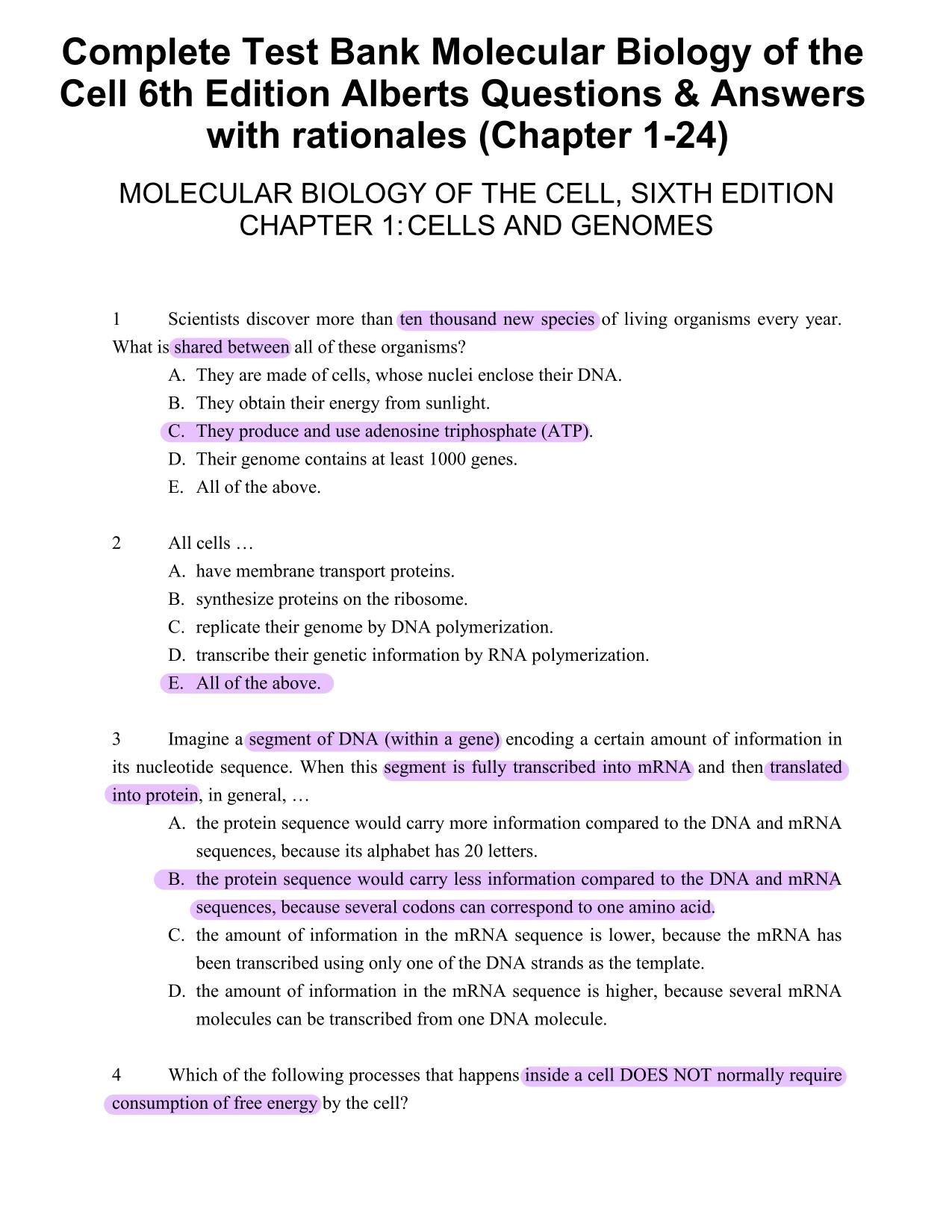 Test Bank Molecular Biology of the Cell 6th Edition Alberts Q&A with rationales, ISBN: 9781317563754