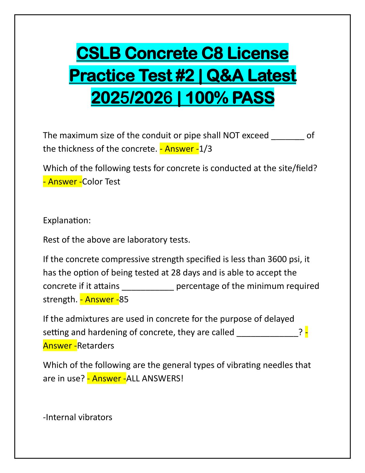 CSLB Concrete C8 License Practice Test #2 | Q&A Latest Update | 100% PASS