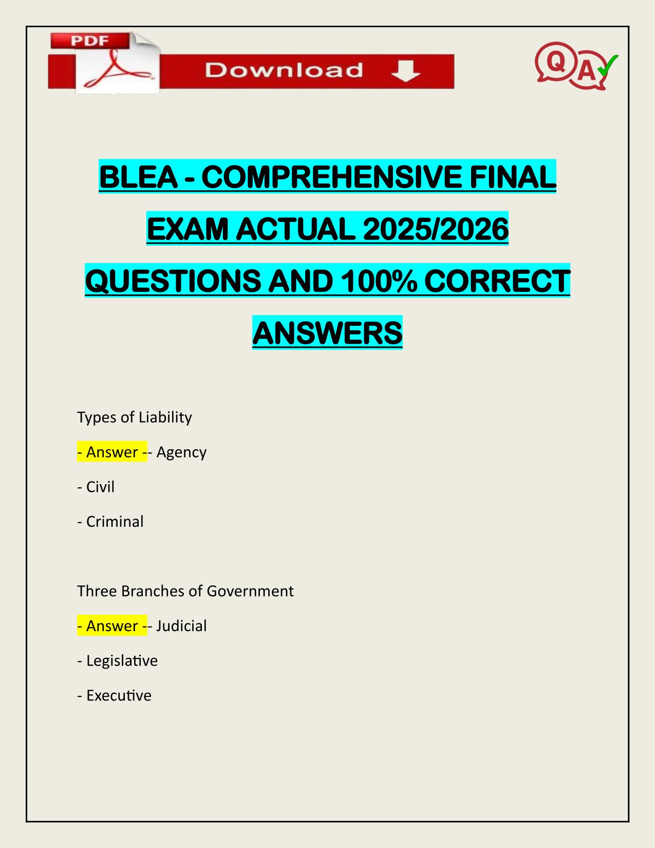 BLEA - COMPREHENSIVE FINAL EXAM ACTUAL 2025/2026 QUESTIONS AND 100% CORRECT ANSWERS