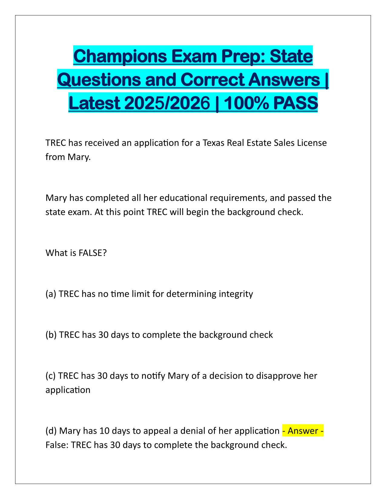 Champions Exam Prep State Q&A Latest Update