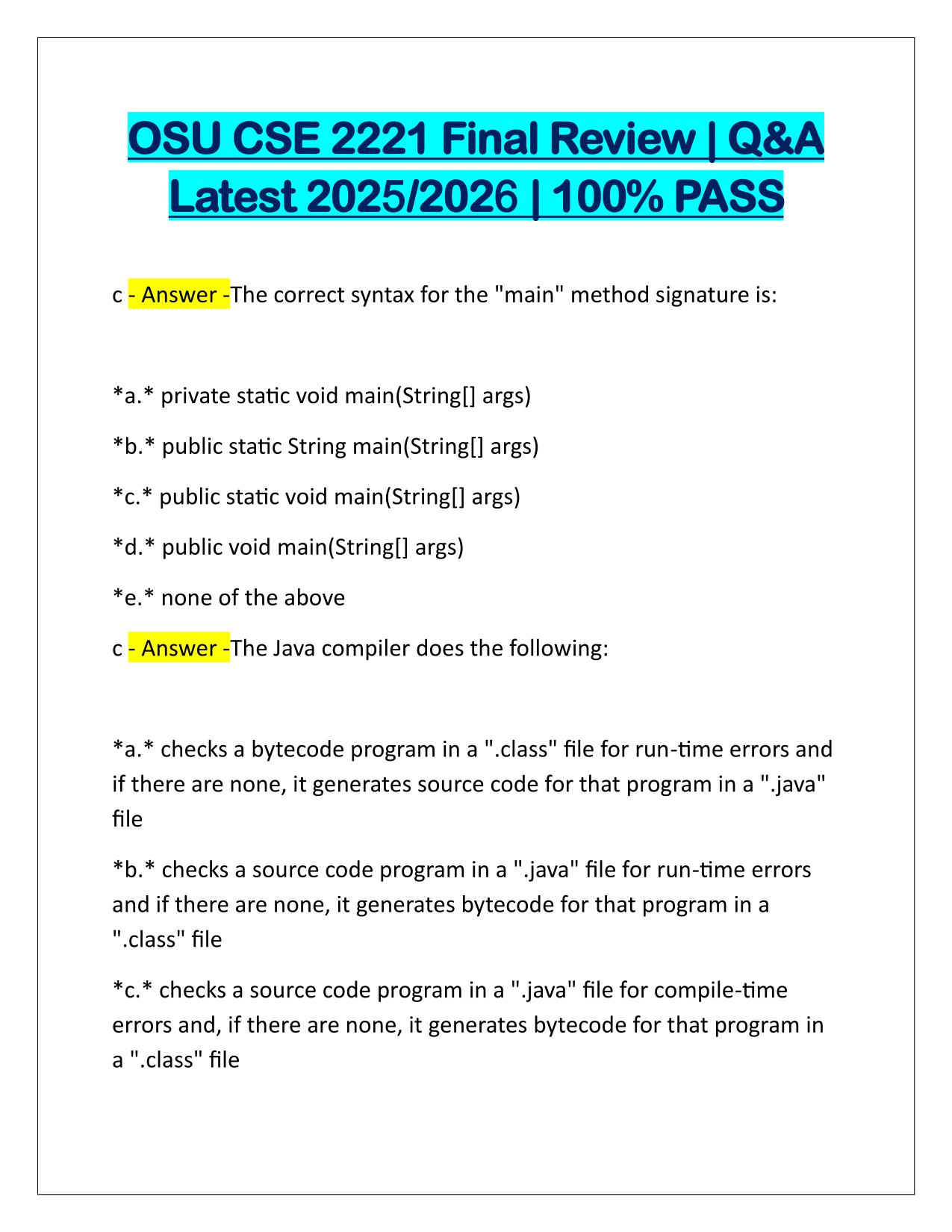 OSU CSE 2221 Final Review Q&A Latest Update