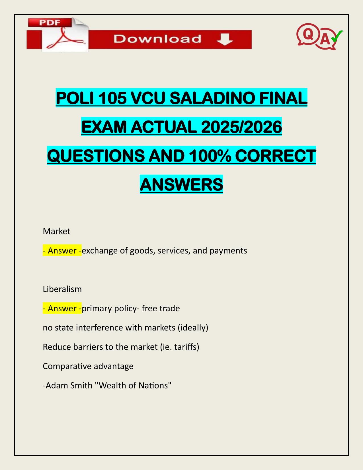 POLI 105 VCU SALADINO FINAL EXAM ACTUAL 2025/2026