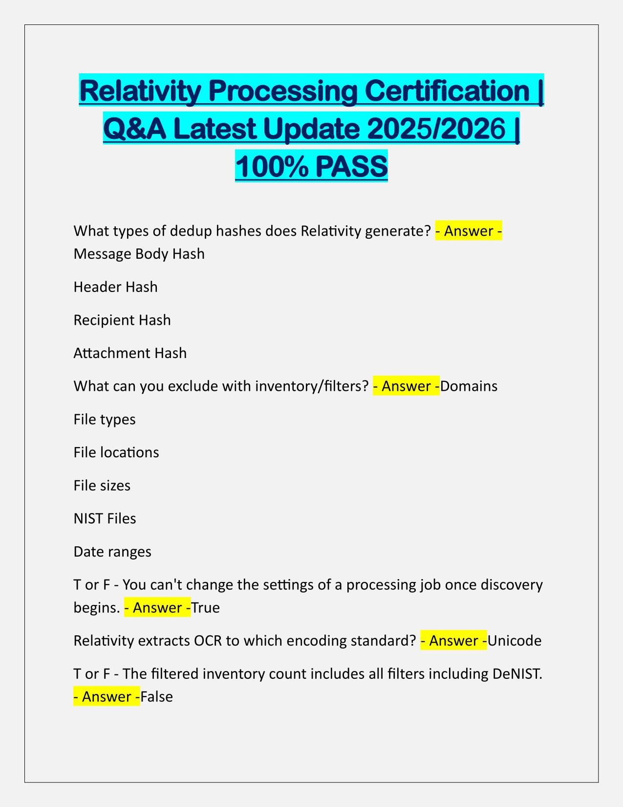 Relativity Processing Certification EXAM Q&A Latest Update