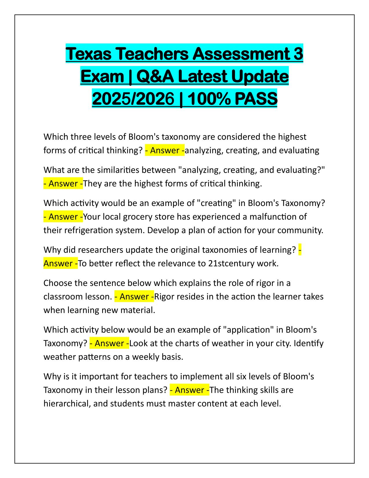 Texas Teachers Assessment 3 Exam Questions with Verified Answers 2025 Update