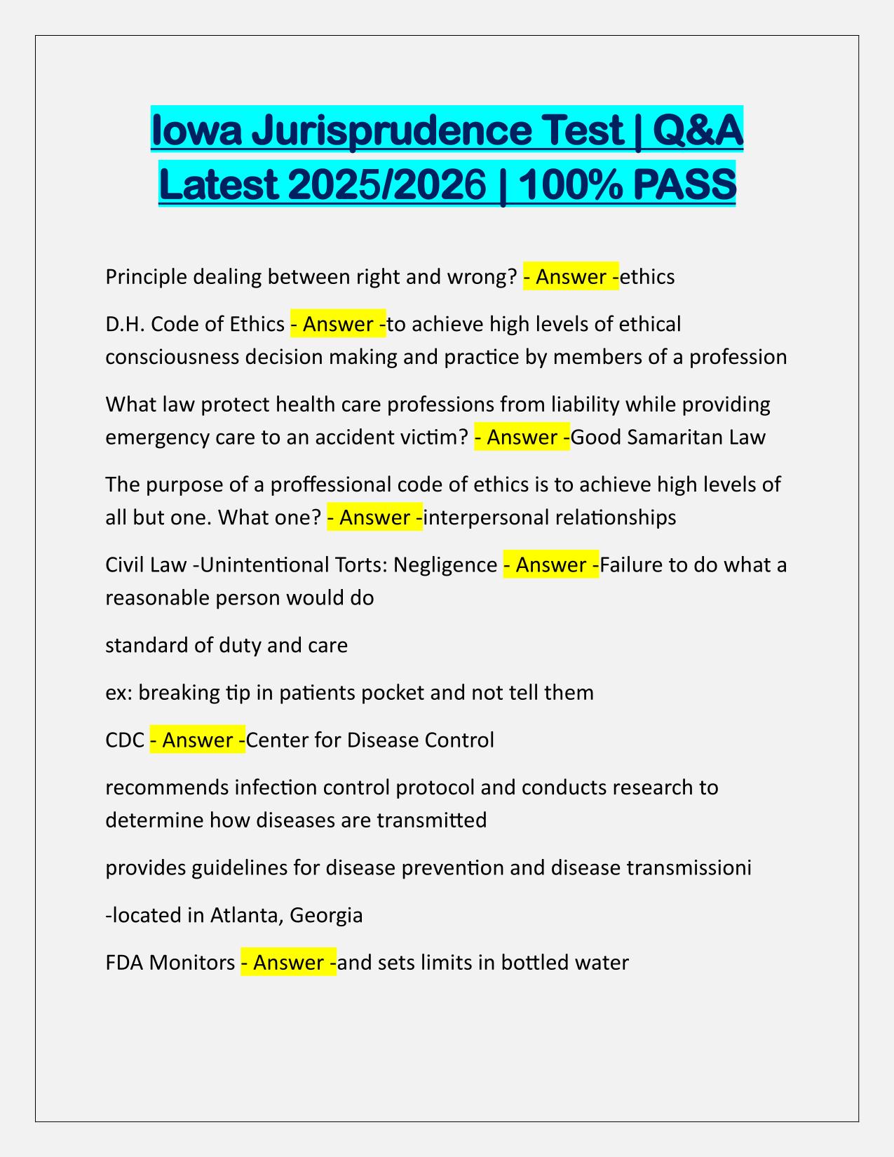 Iowa Jurisprudence Test Q&A Latest Update 2025