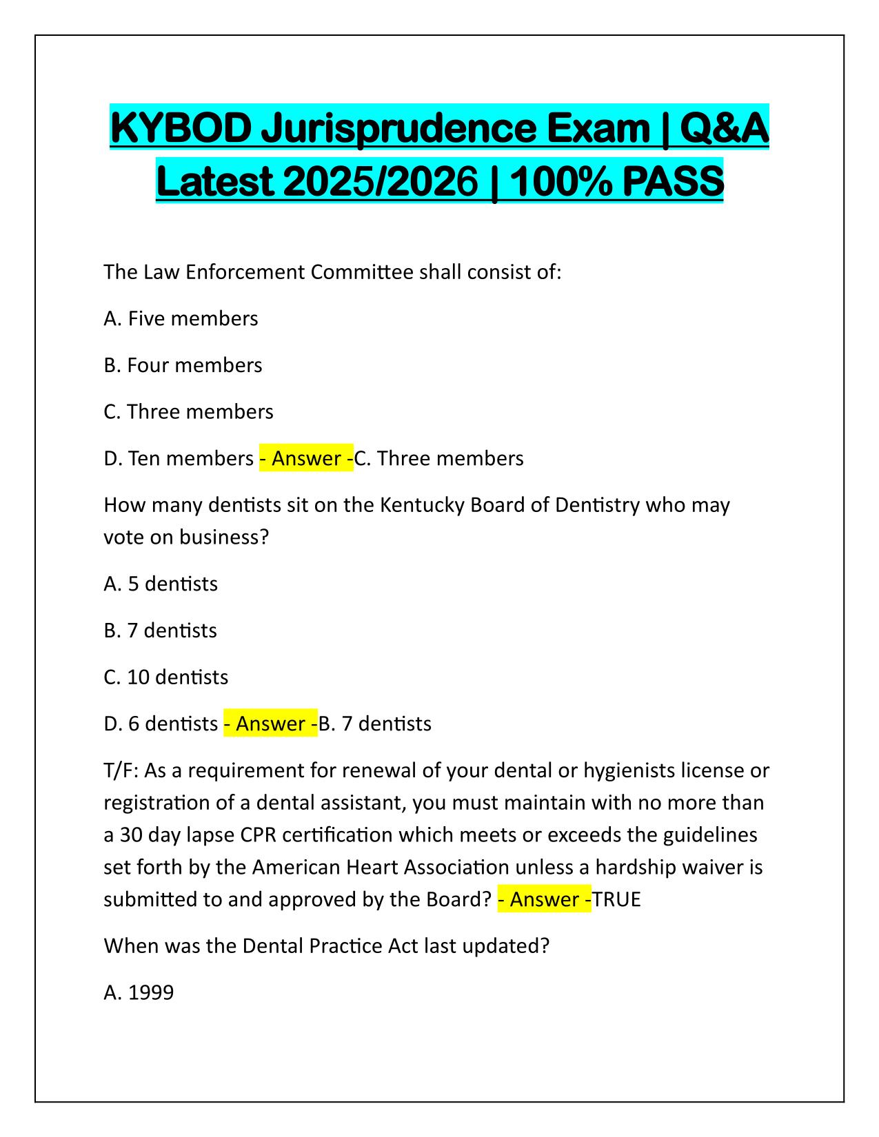 KYBOD Jurisprudence Exam Correctly Answered Latest Update