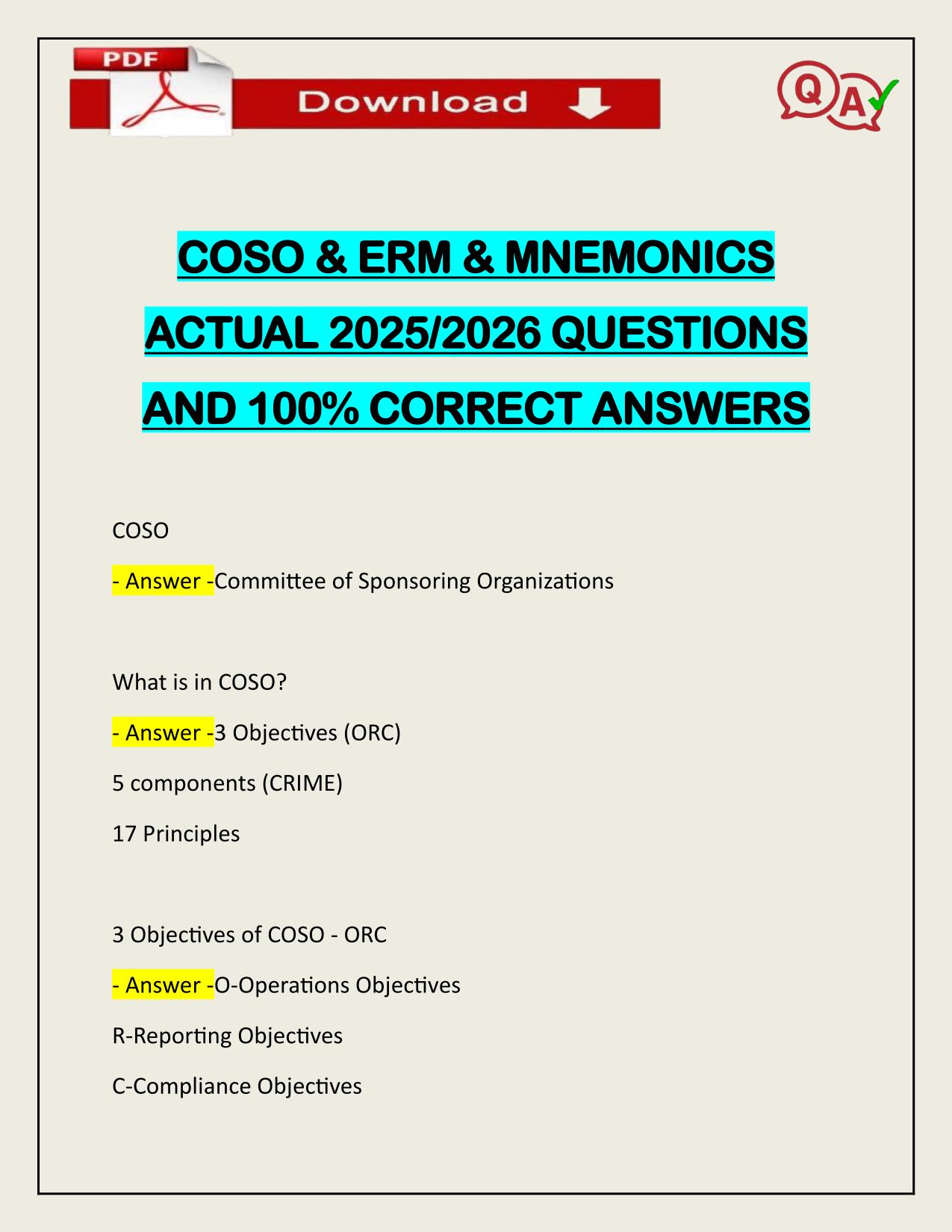 COSO & ERM & MNEMONICS ACTUAL 2025/2026 QUESTIONS AND 100% CORRECT ANSWERS
