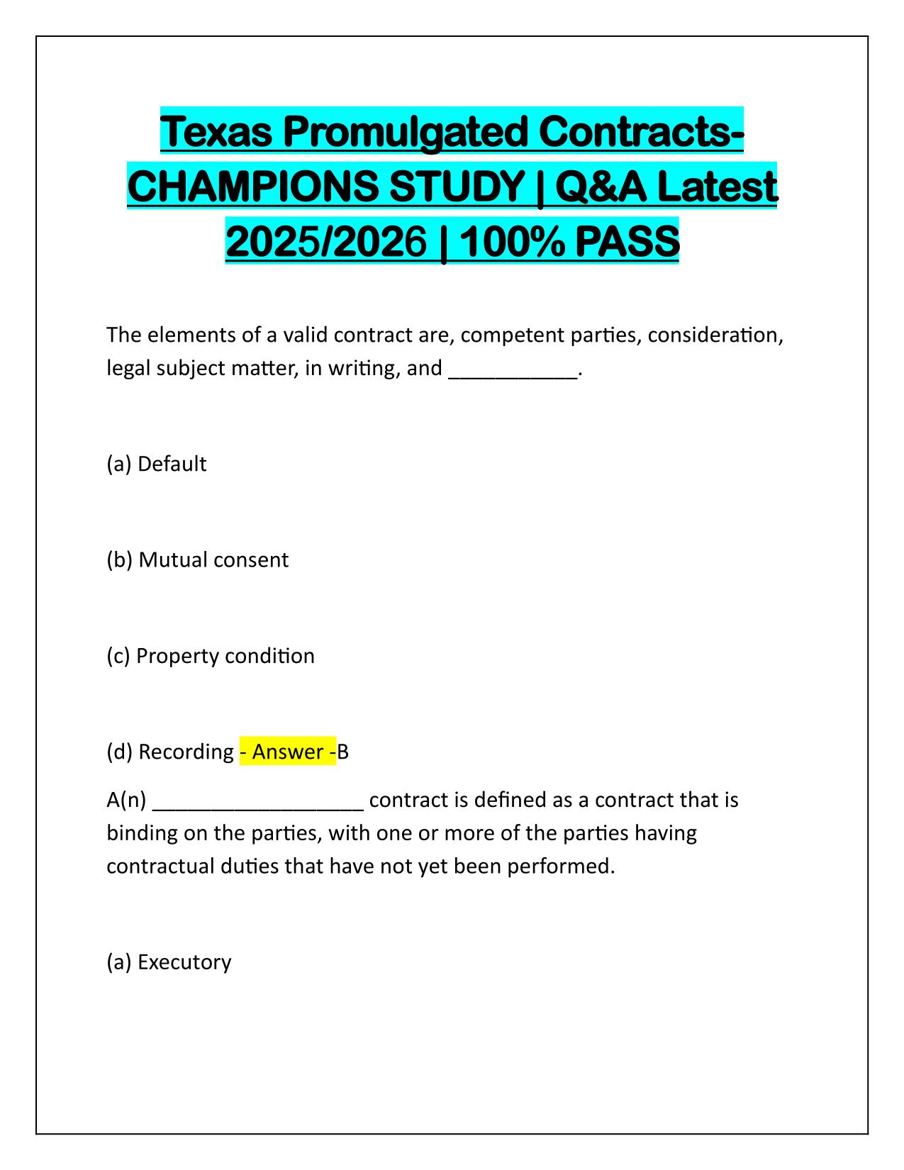 Texas Promulgated Contracts CHAMPIONS STUDY Q&A Latest Update