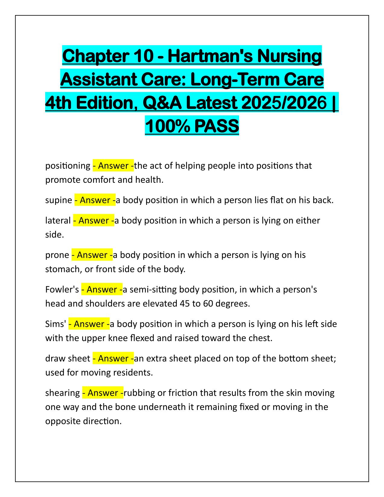 Chapter 10 Hartman's Nursing Assistant Care Long-Term Care 4th Edition Q&A Latest Update