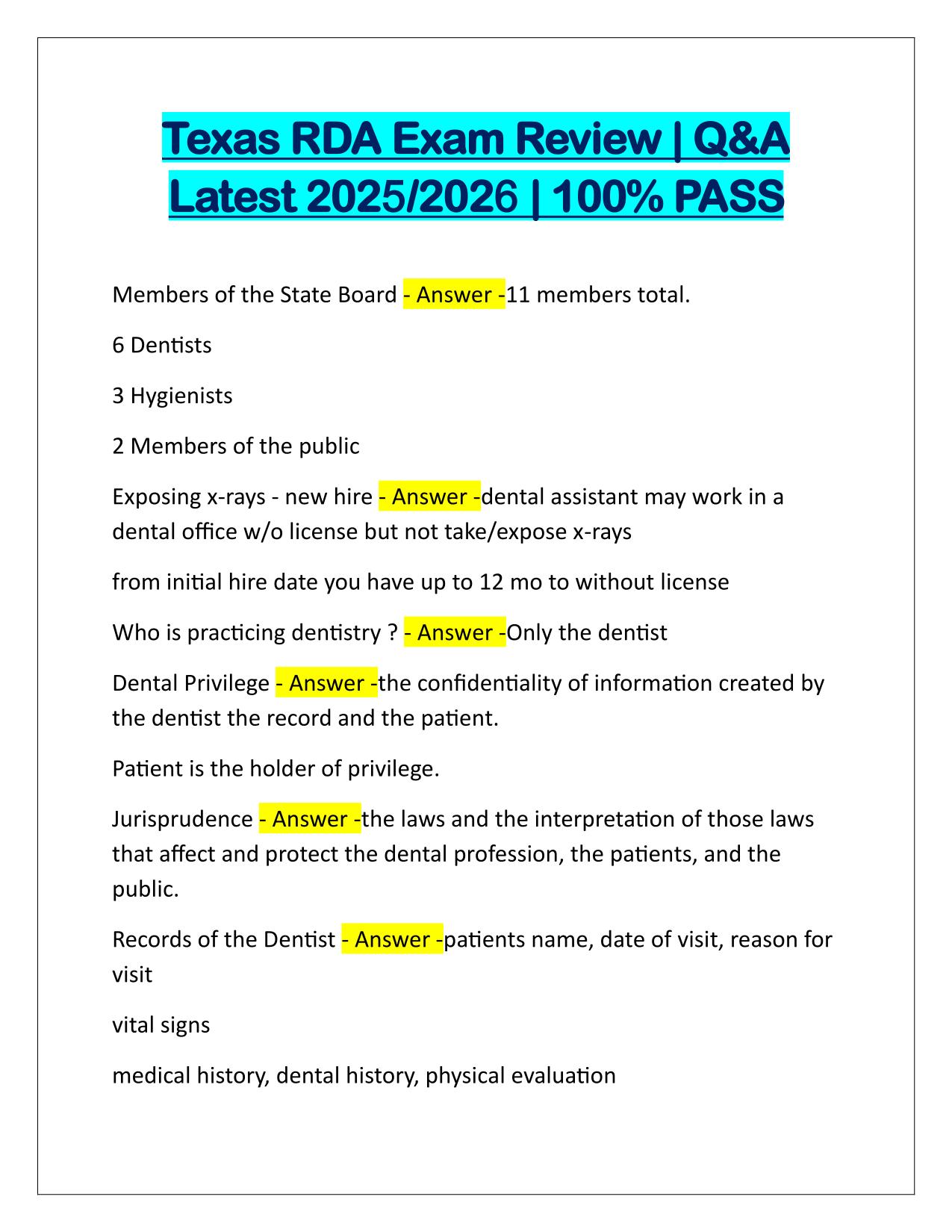 Texas RDA Exam Review Q&A Latest Update