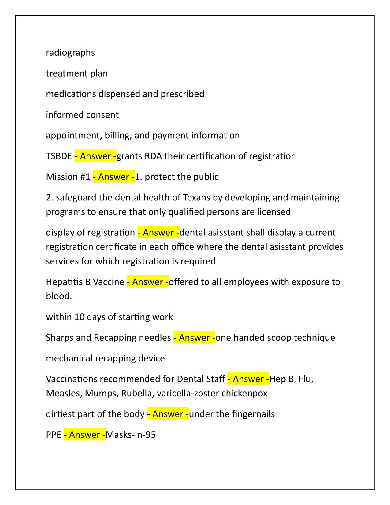 Texas RDA Exam Review Q&A Latest Update