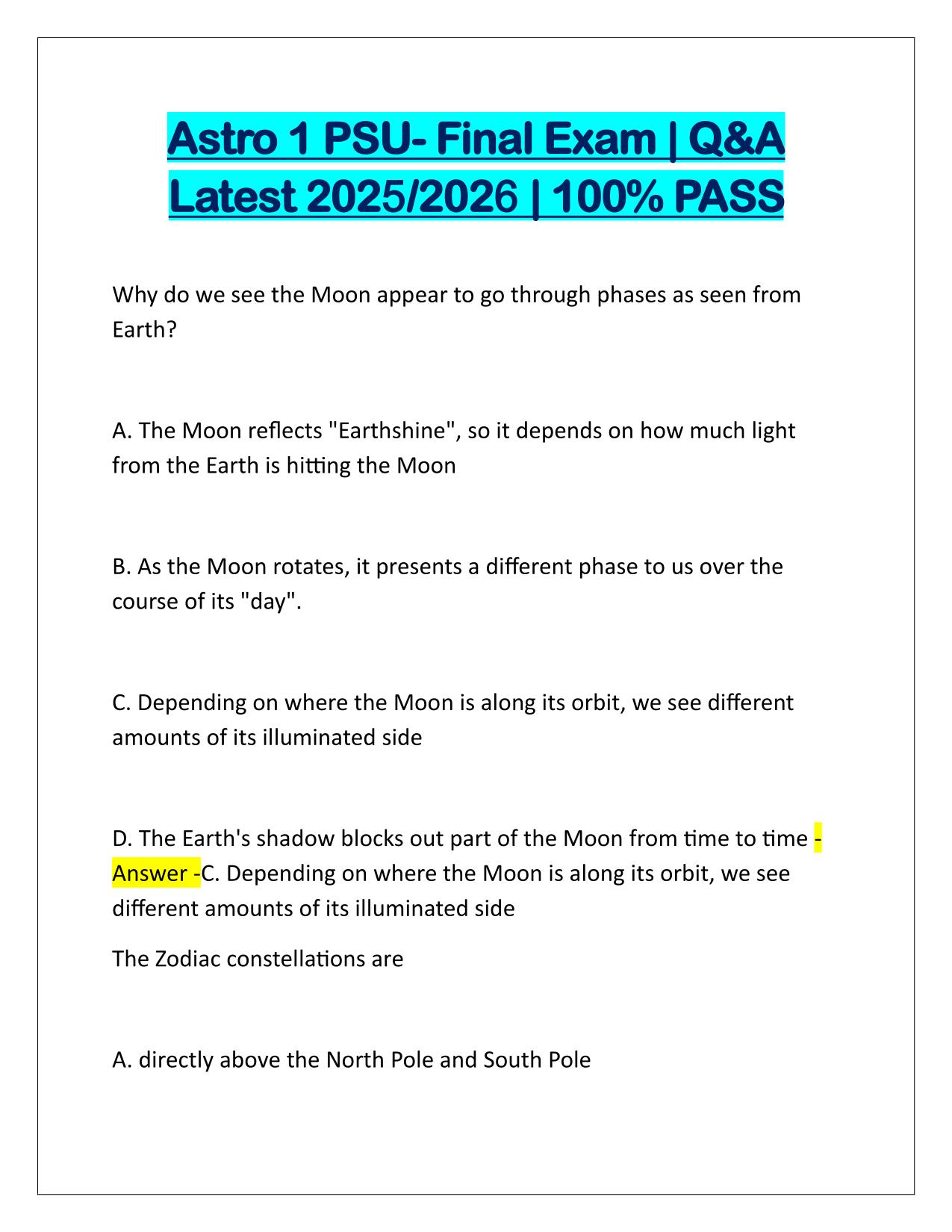 Astro 1 PSU-Final Exam Q&A Latest Update