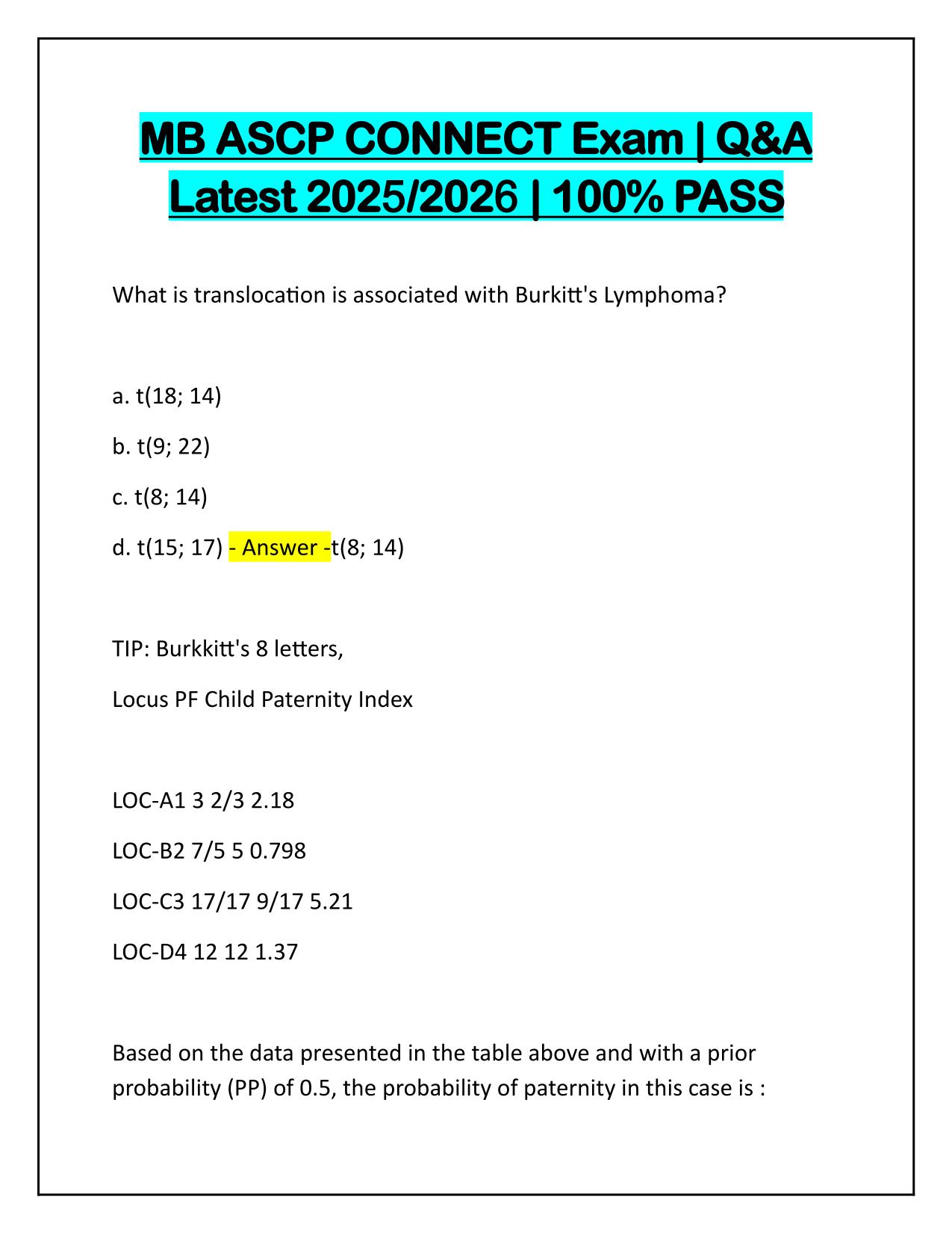 MB ASCP CONNECT Exam Questions and Correct Answers 100% PASS
