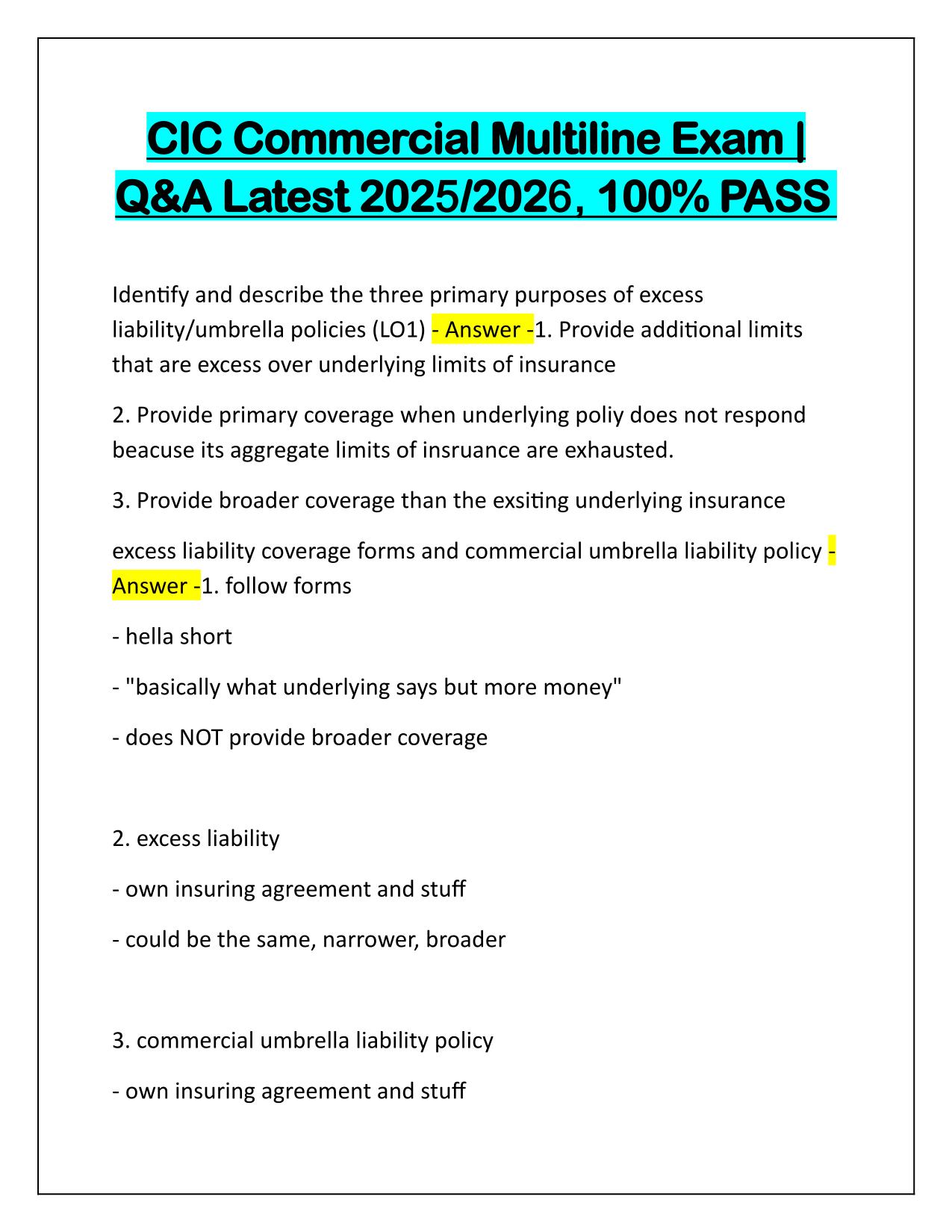 CIC Commercial Multiline Exam Q&A Latest Update