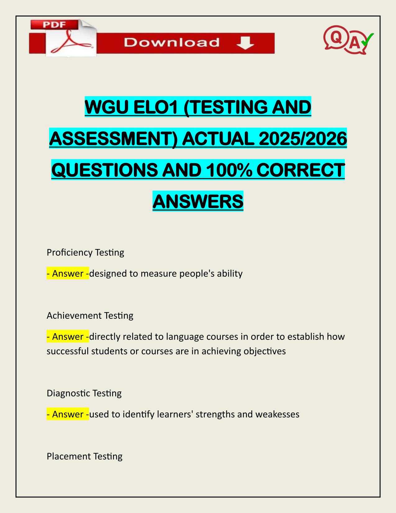 WGU ELO1 (TESTING AND ASSESSMENT) ACTUAL 2025/2026