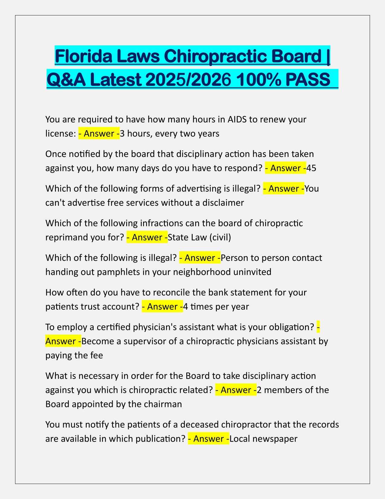 Florida Laws Chiropractic Board TEST Q&A Latest Update 2025