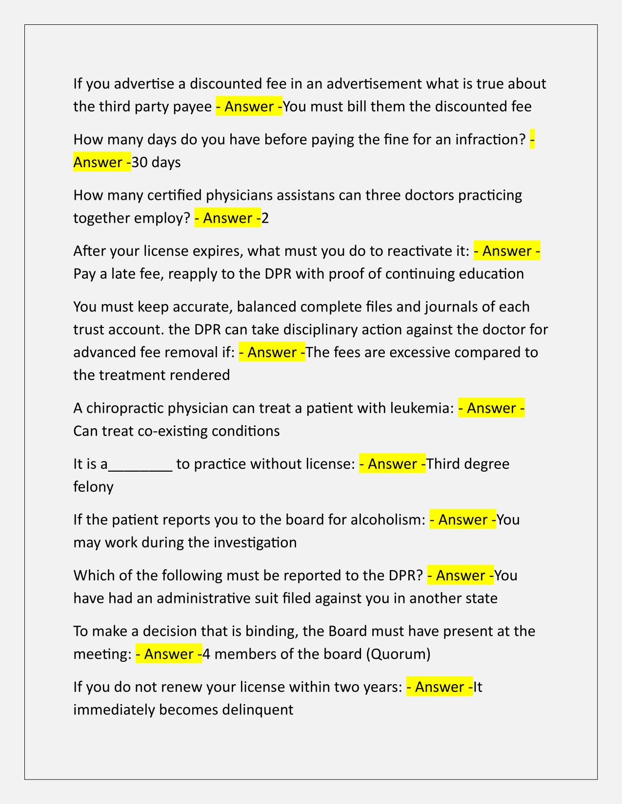 Florida Laws Chiropractic Board TEST Q&A Latest Update 2025