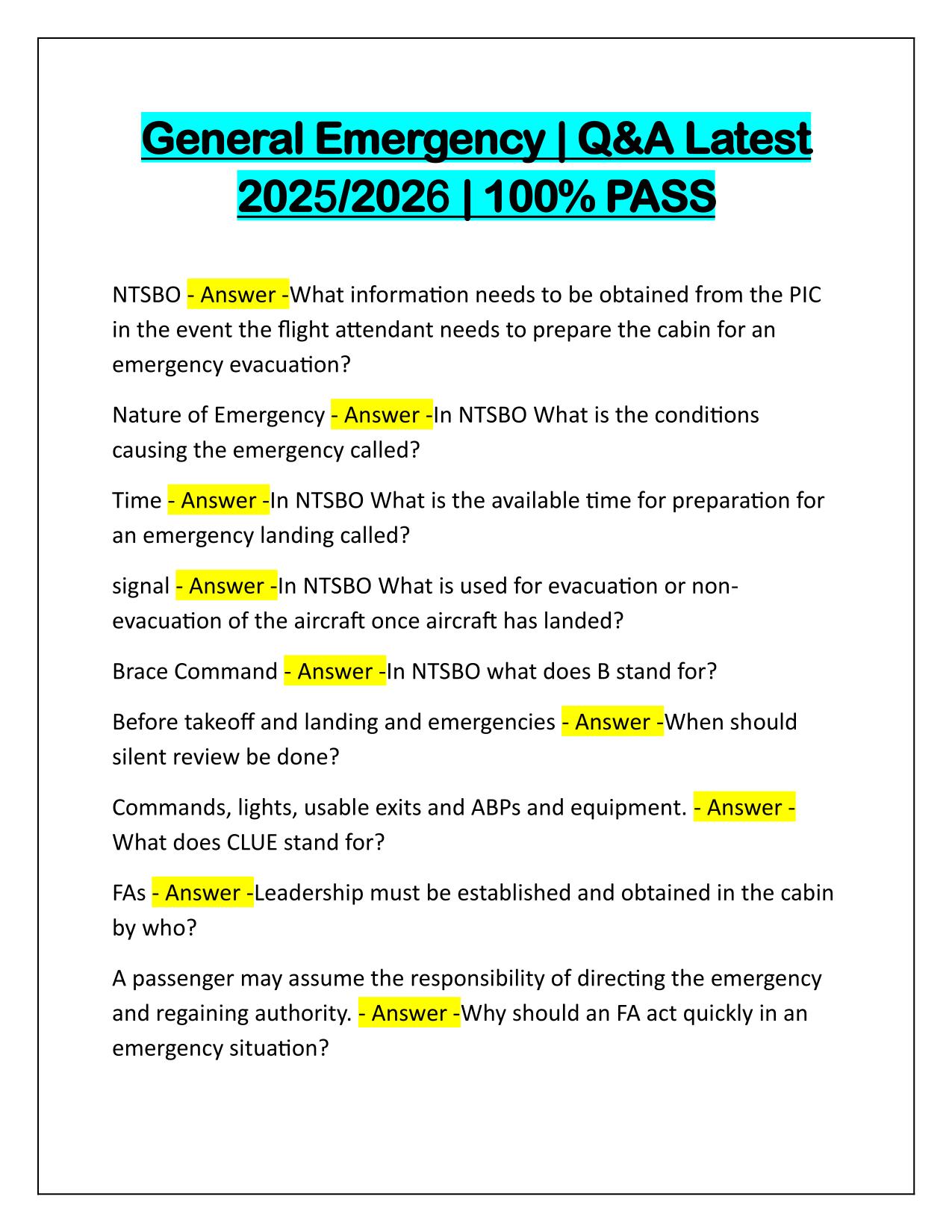 General Emergency Questions and Correct Answers Latest Update