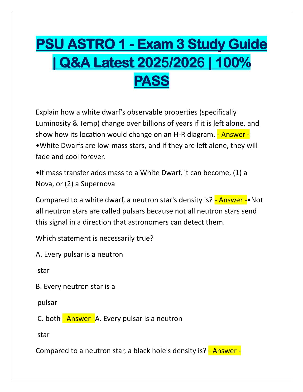 PSU ASTRO 1 Exam 3 Study Guide Q&A Latest Update