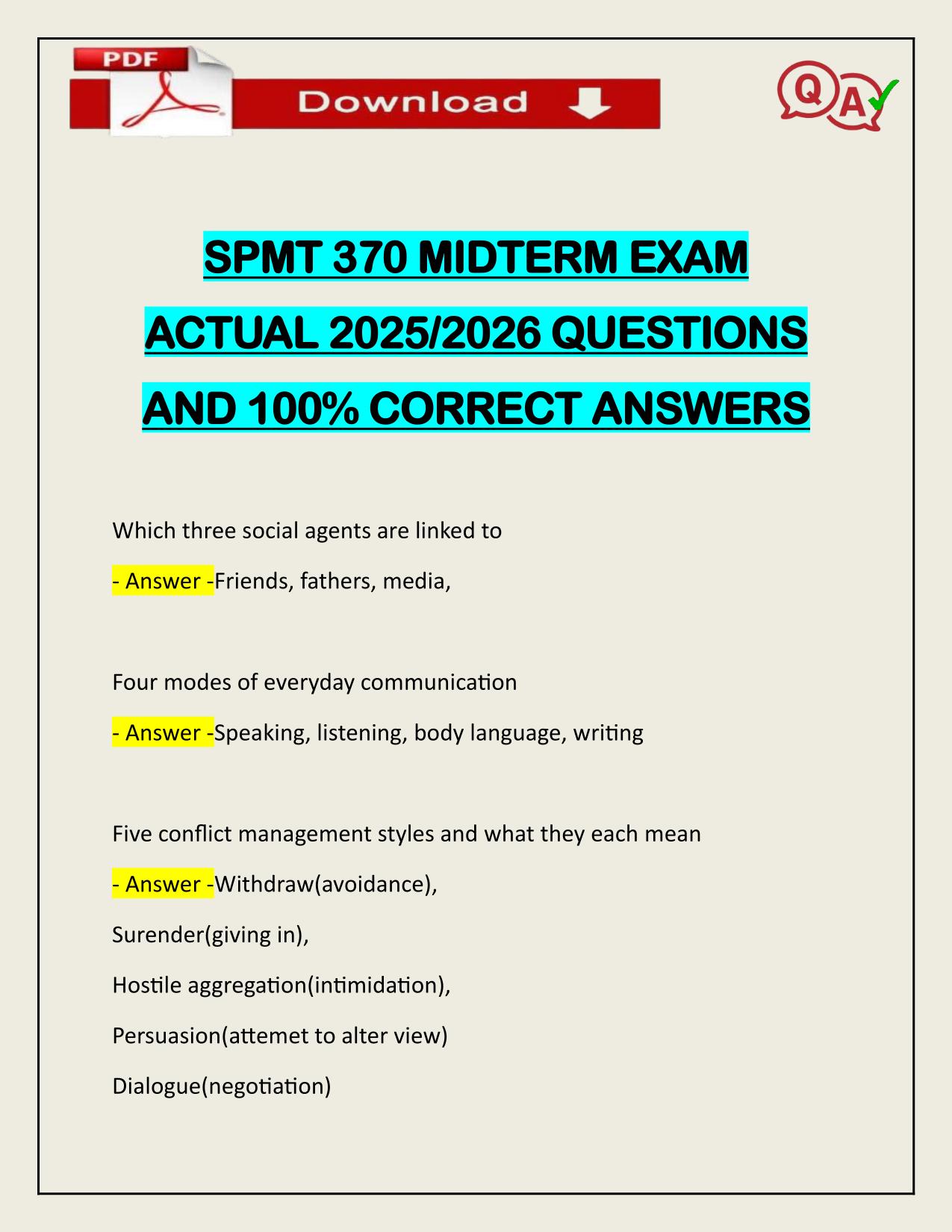 SPMT 370 MIDTERM EXAM ACTUAL 2025/2026 VERIFIED