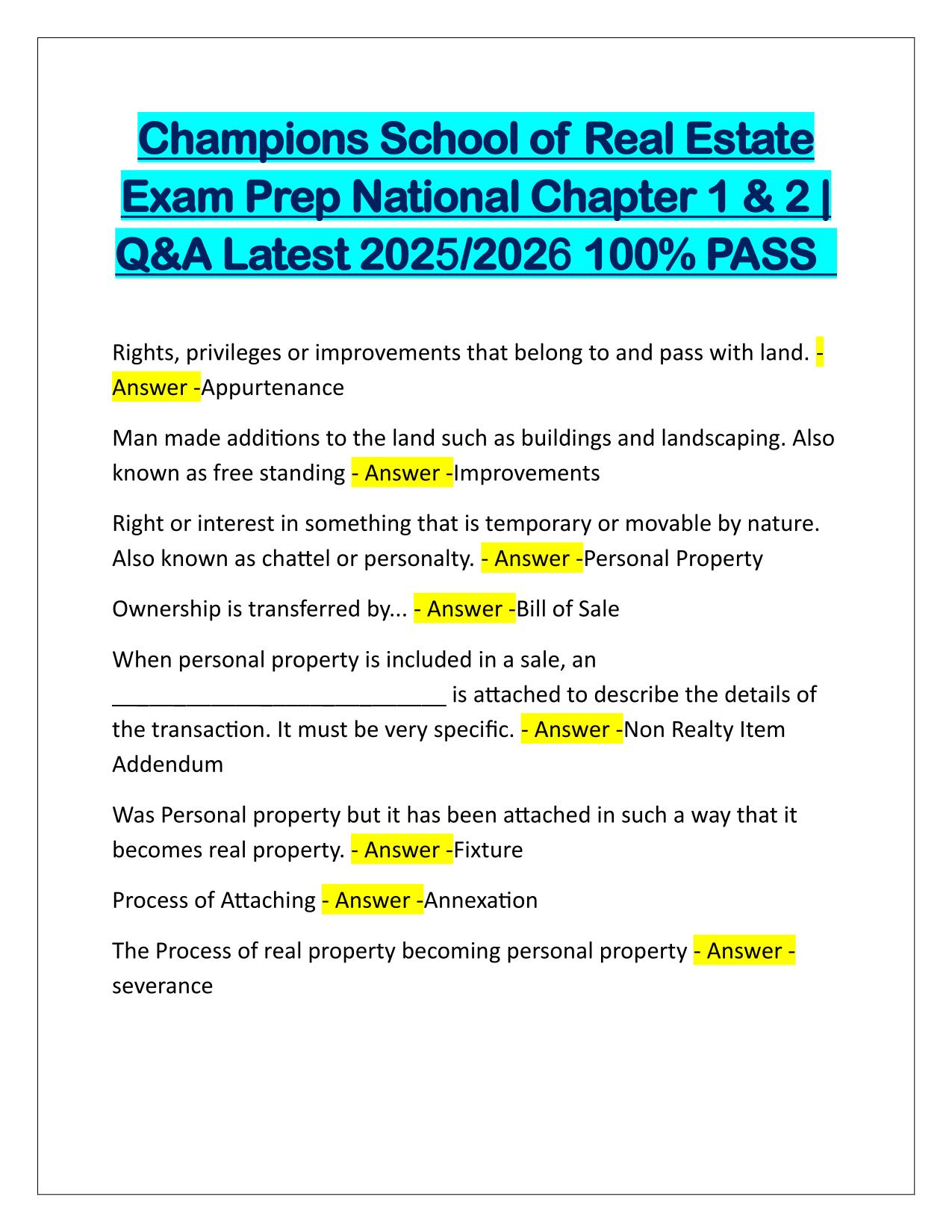 Champions School of Real Estate Exam Prep National Chapter 1 and 2 Q&A Latest Update