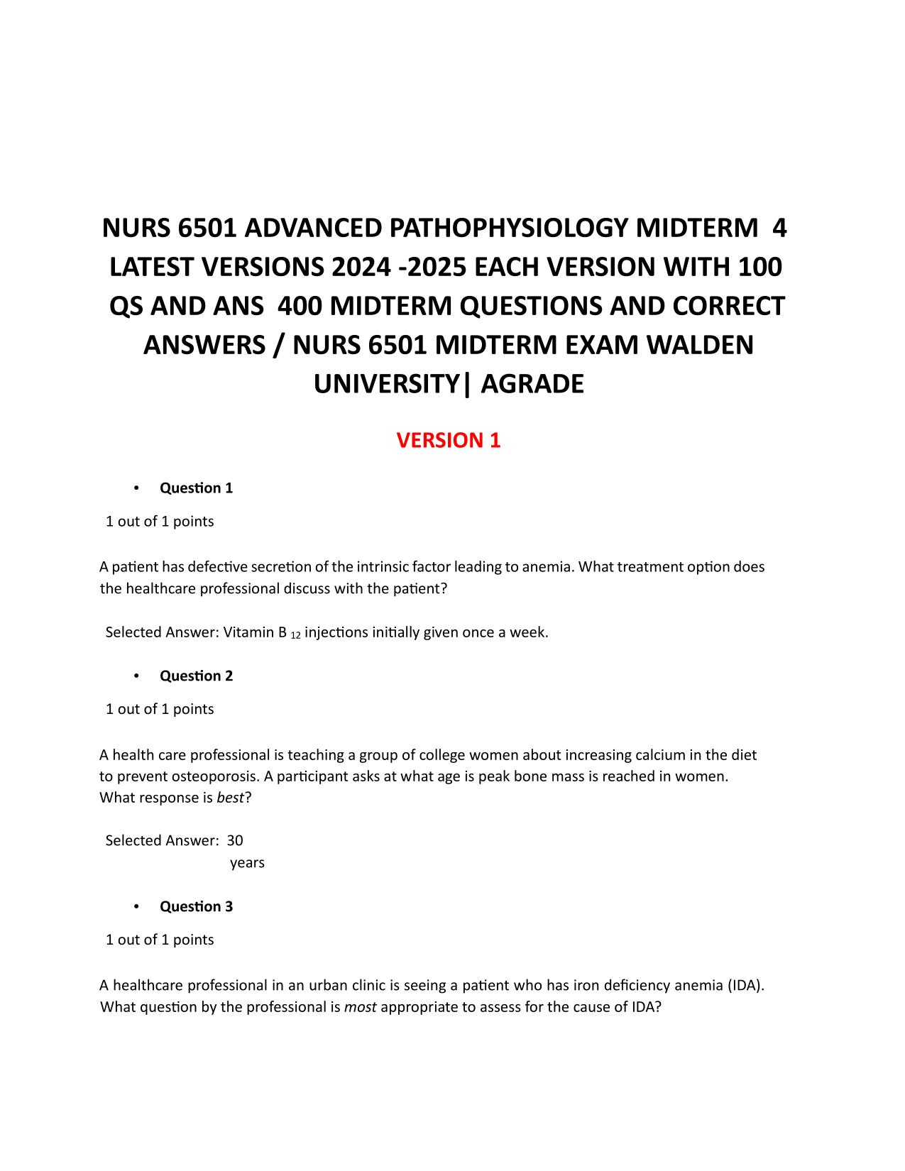 NURS 6501 ADVANCED PATHOPHYSIOLOGY MIDTERM 4 LATEST VERSIONS 400 Q&A | WALDEN UNIVERSITY