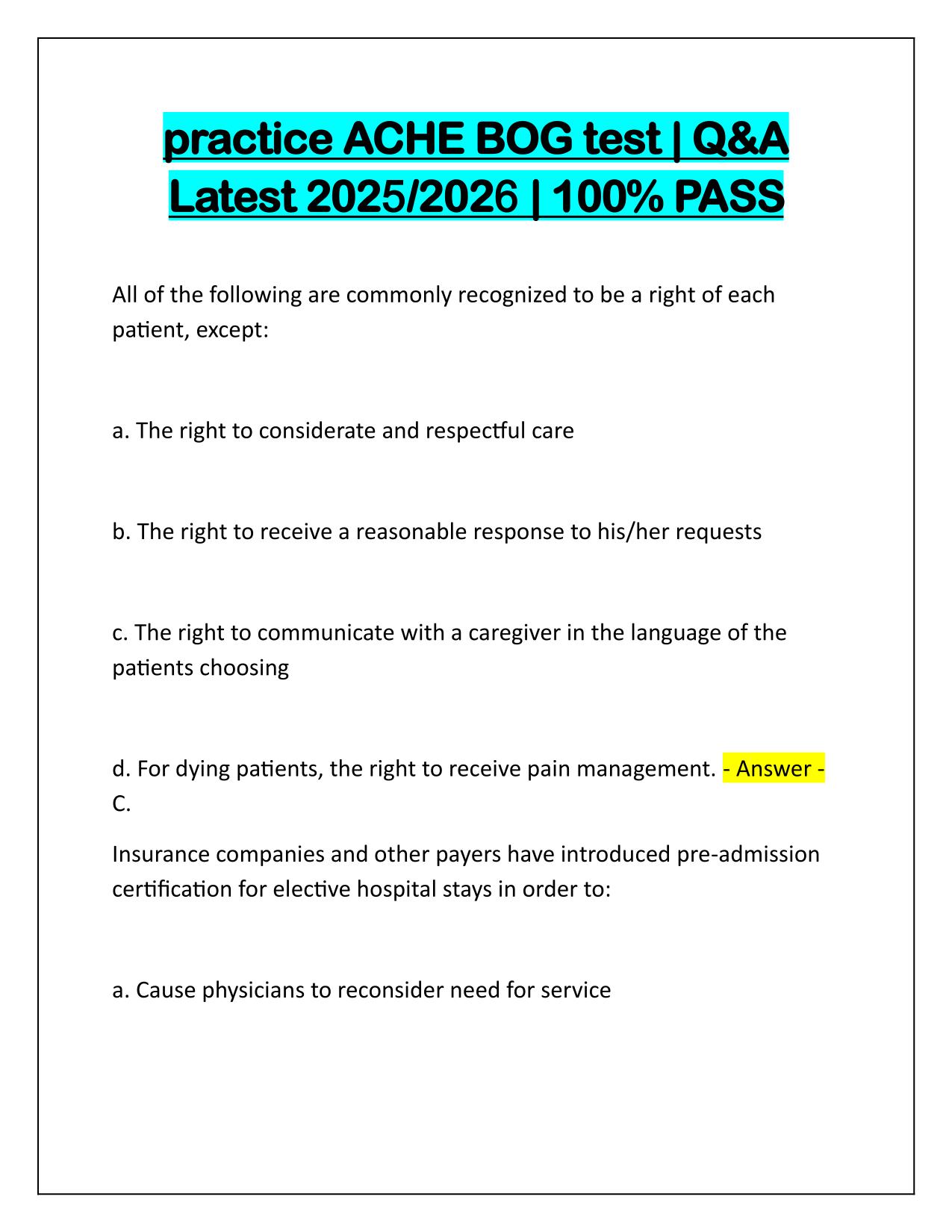 Practice ACHE BOG test Correctly Answered Latest Update