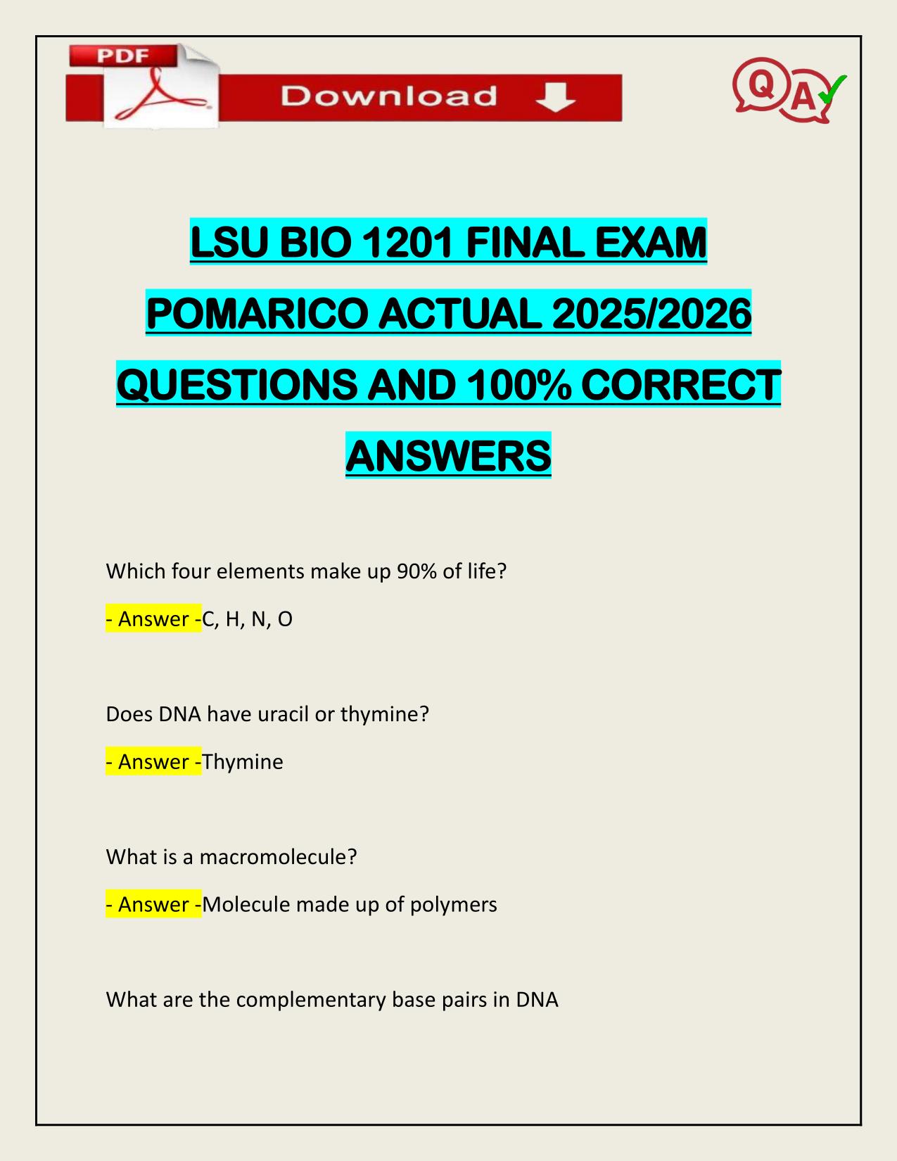 LSU BIO 1201 FINAL EXAM POMARICO ACTUAL 2025/2026 WITH VERIFIED ANSWERS