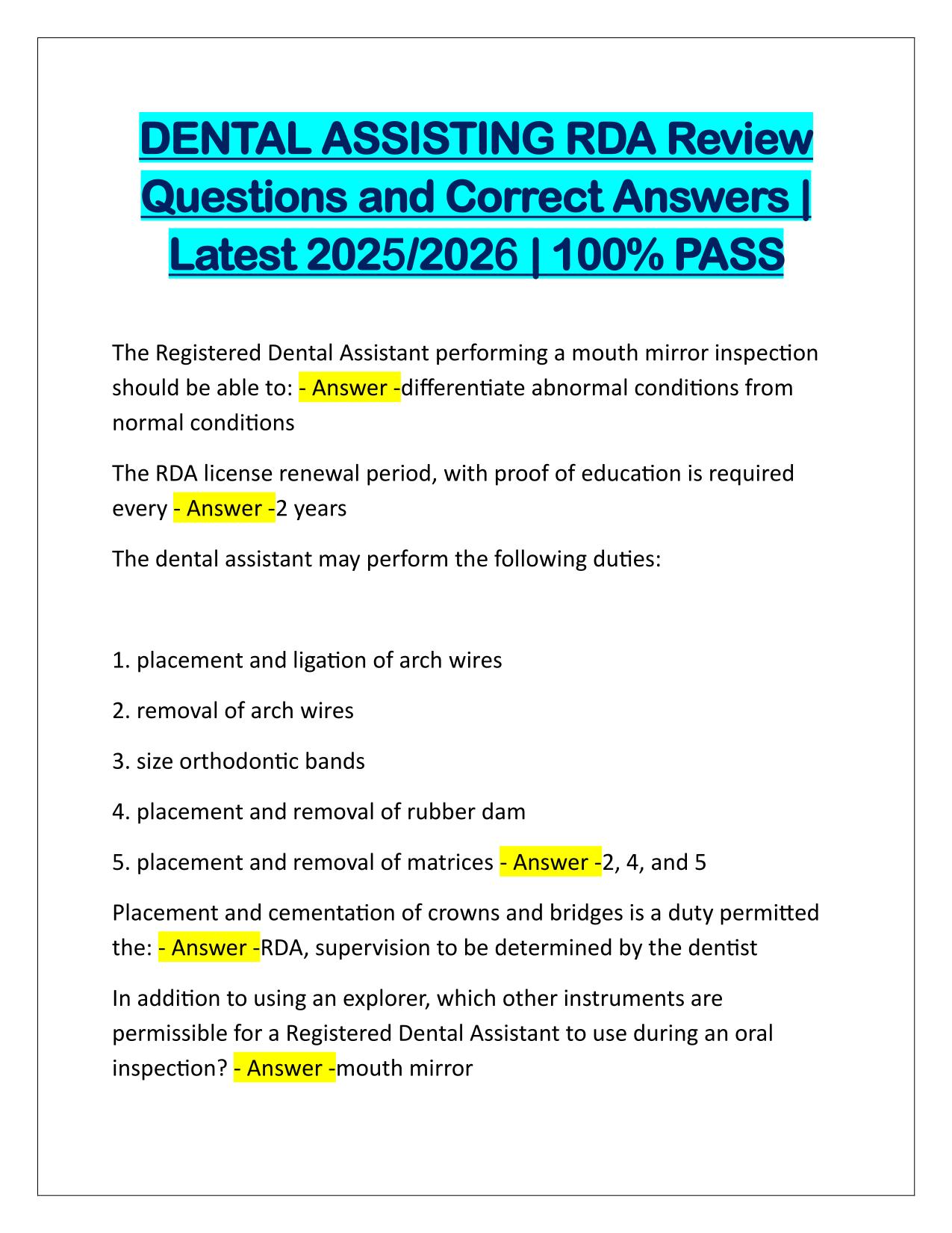 DENTAL ASSISTING RDA Review Q&A Latest Update