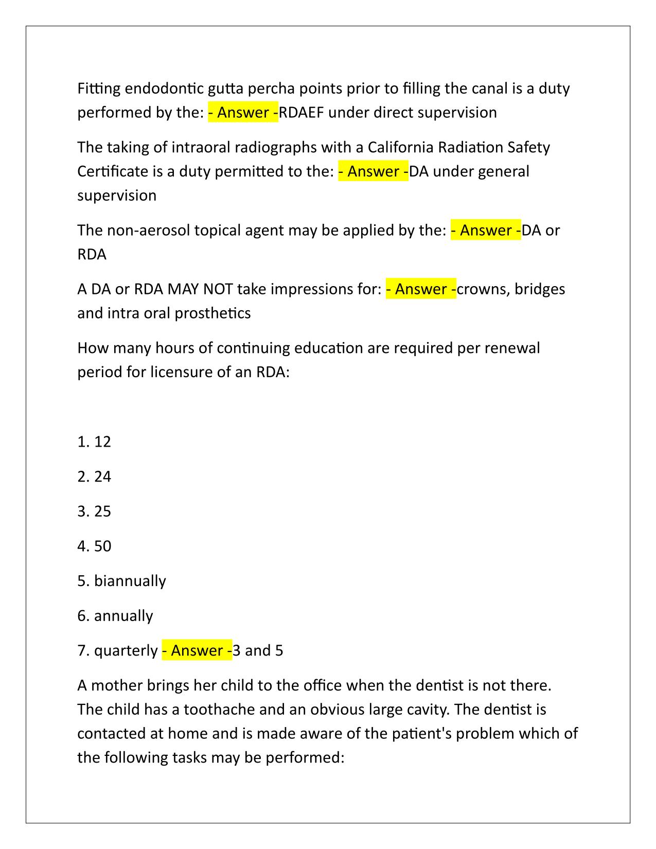 DENTAL ASSISTING RDA Review Q&A Latest Update