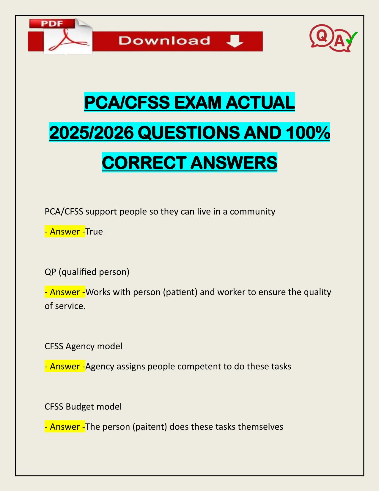 PCA/CFSS EXAM ACTUAL 2025/2026 QUESTIONS AND 100% CORRECT ANSWERS