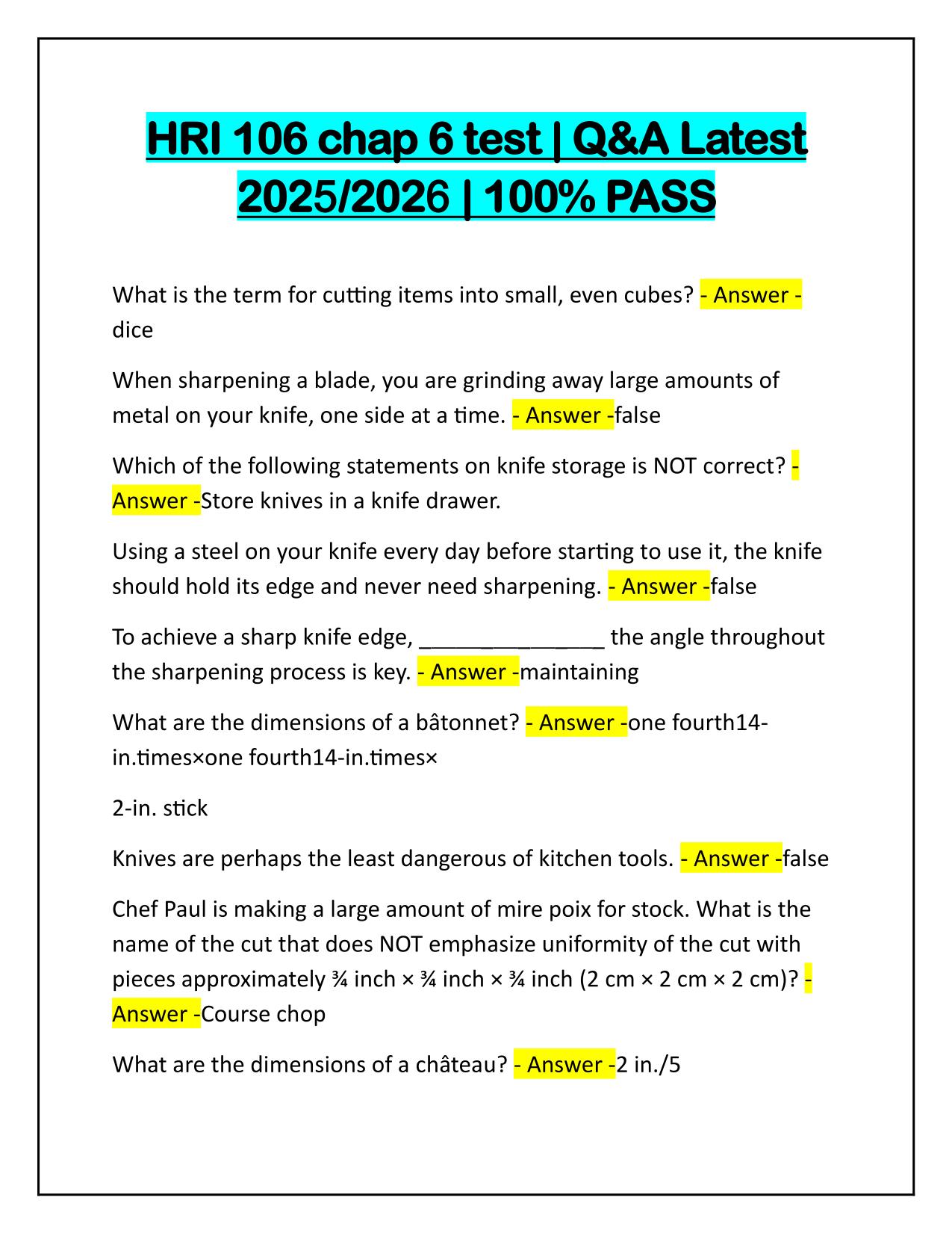 HRI 106 chap 6 test Q&A Latest Update