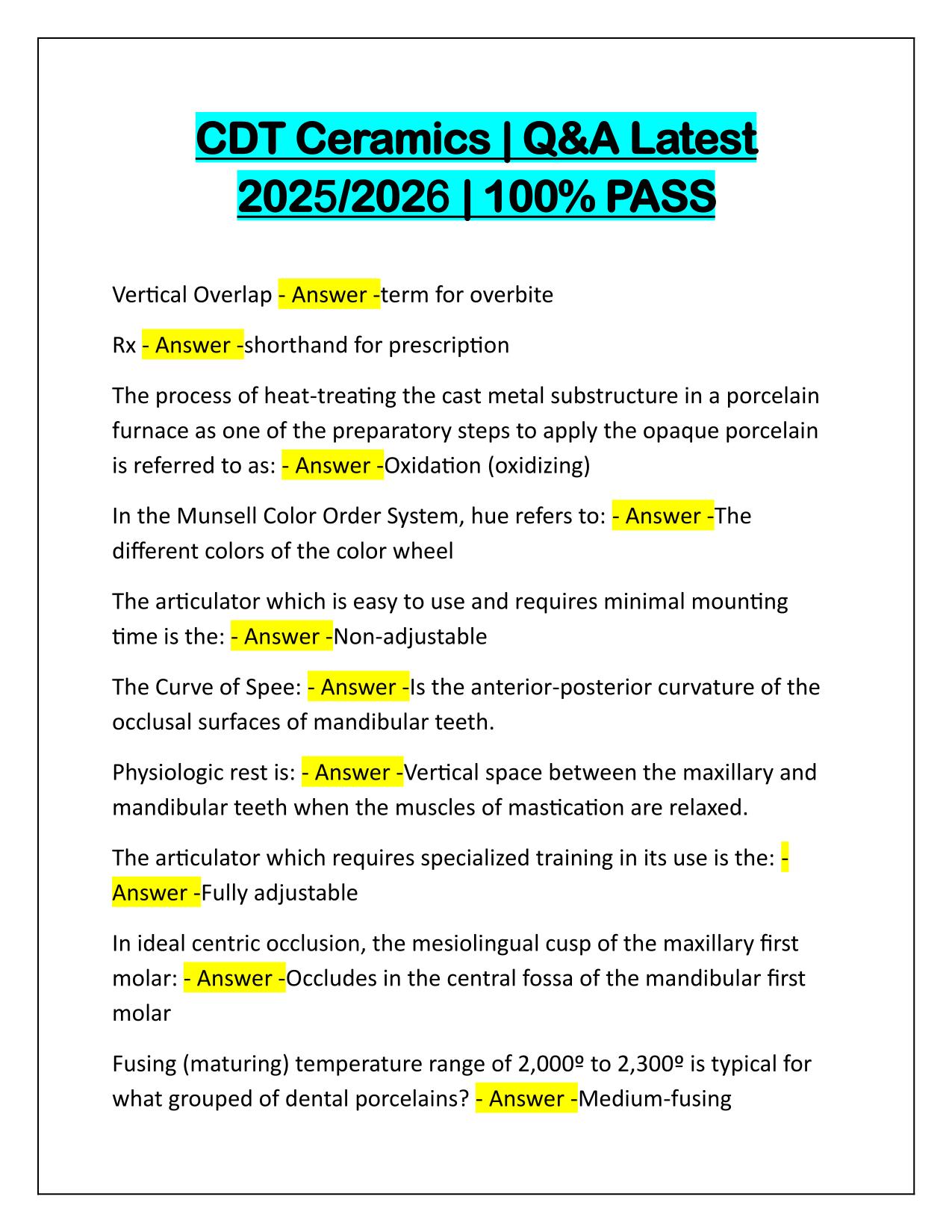 Bundle for CDT Exams Q&A Latest Update 2025-2026