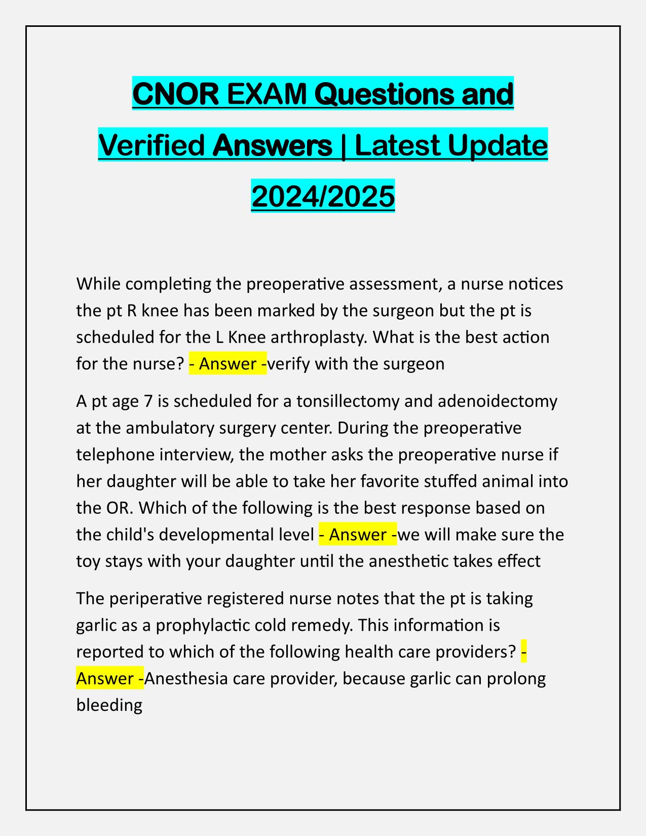 CNOR EXAM Questions and Verified Answers Latest Update 100% PASS