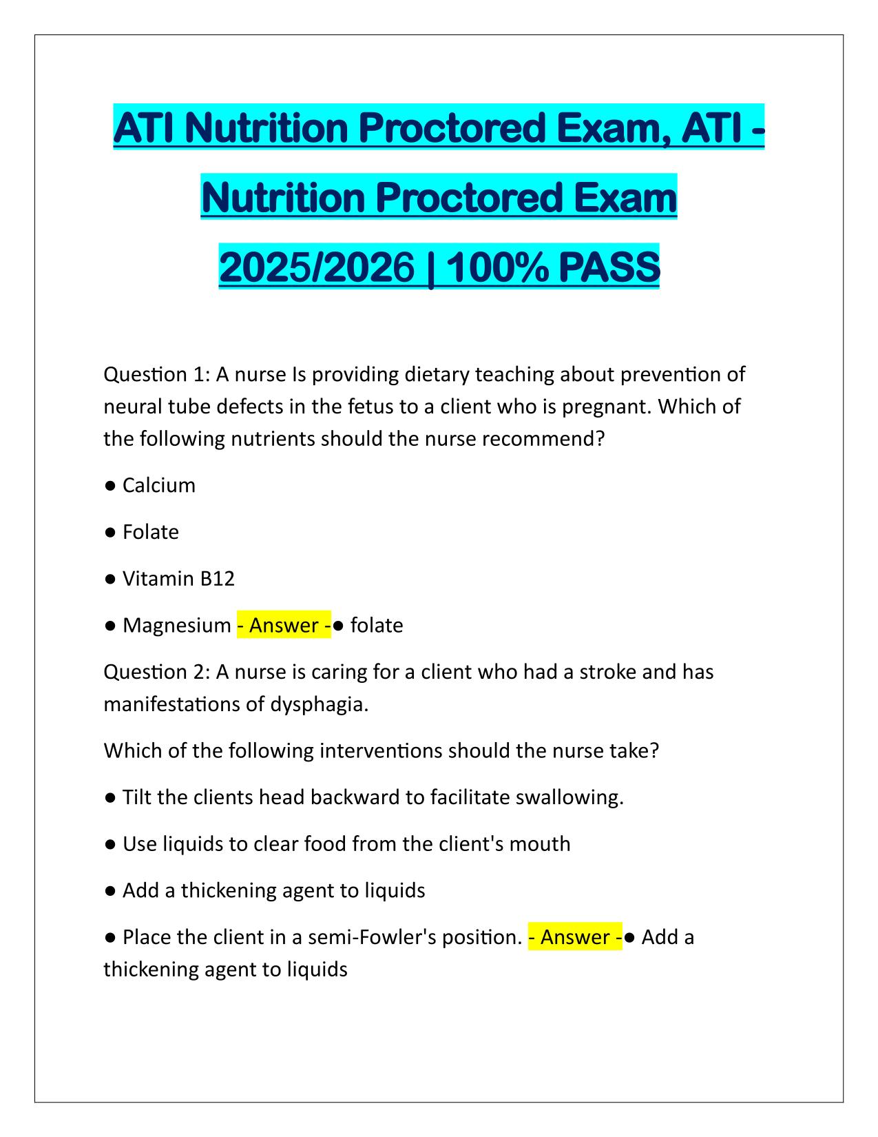 ATI Nutrition Proctored Exam Questions and Answers 2025/2026