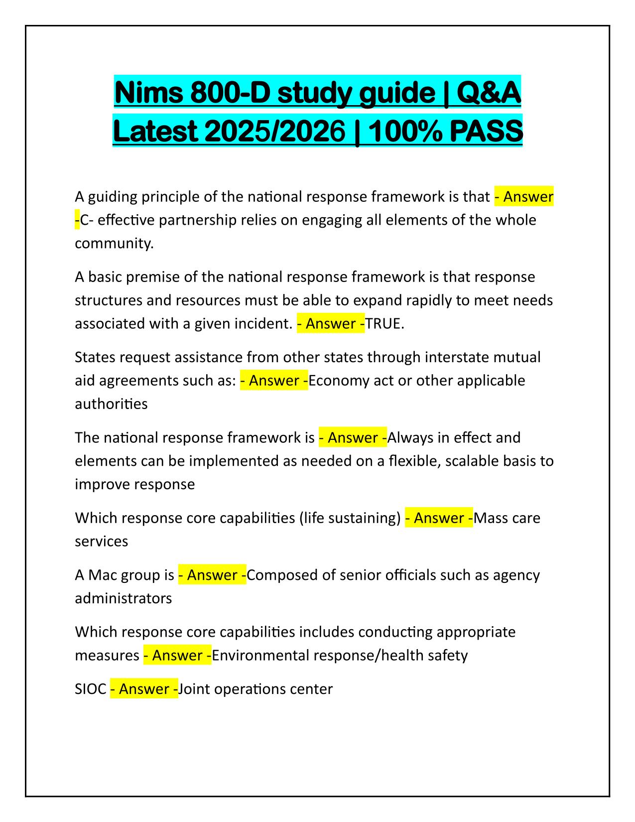Nims 800-D study guide Q&A Latest Update