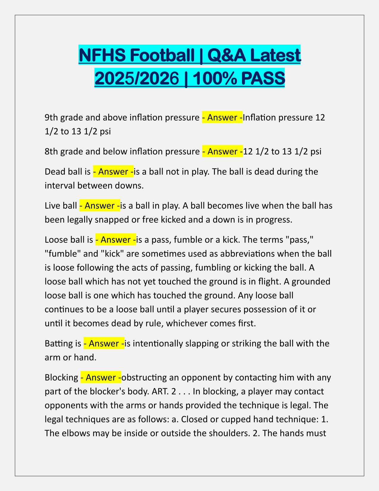 NFHS Football EXAM Questions and Verified Answers Latest