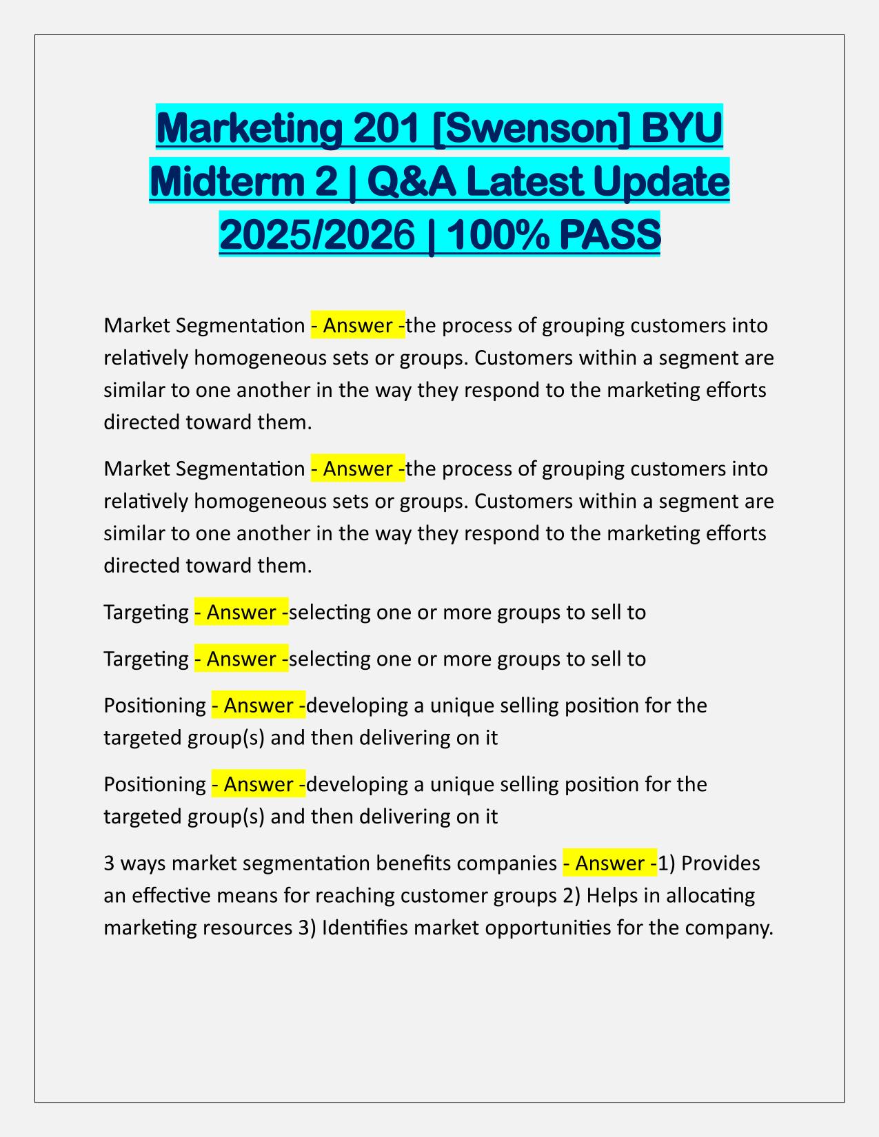 Marketing 201, Swenson BYU Midterm 2 Q&A Latest Update