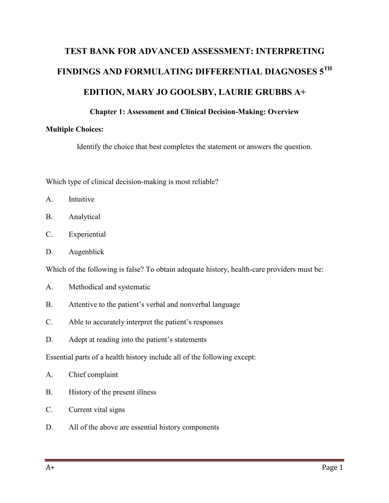 TEST BANK FOR ADVANCED ASSESSMENT: INTERPRETING FINDINGS AND FORMULATING DIFFERENTIAL DIAGNOSES 5TH EDITION, MARY J.GOOLSBY Latest 2025/2026