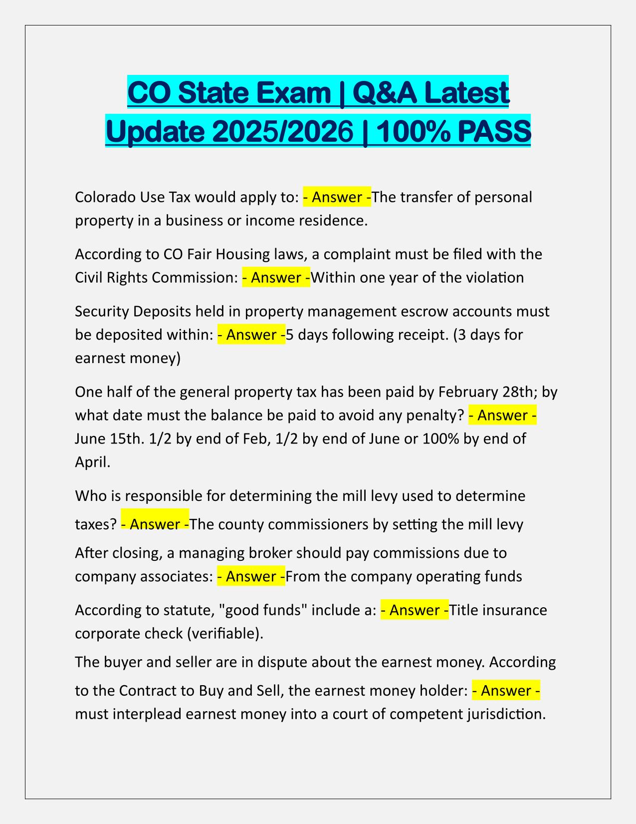 CO State Exam Q&A Latest Update