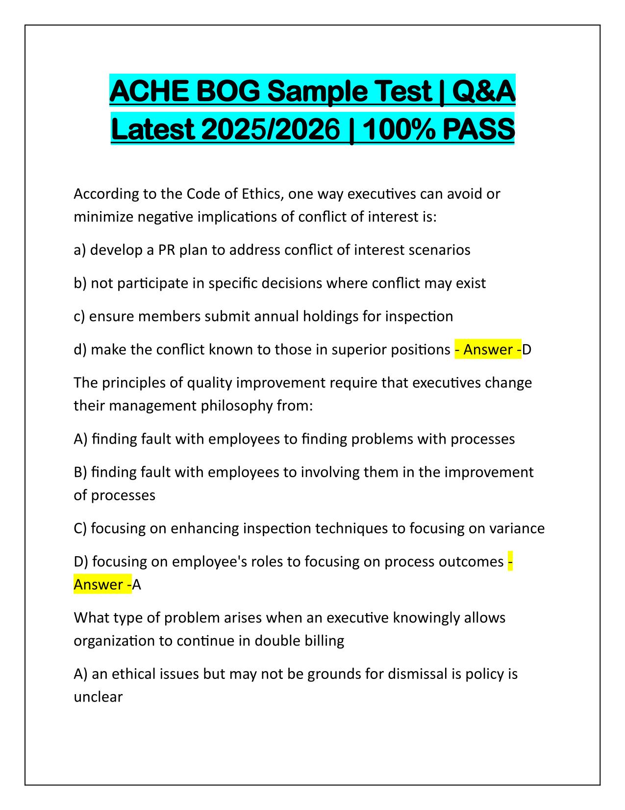ACHE BOG Sample Test Q&A Latest Update 2025