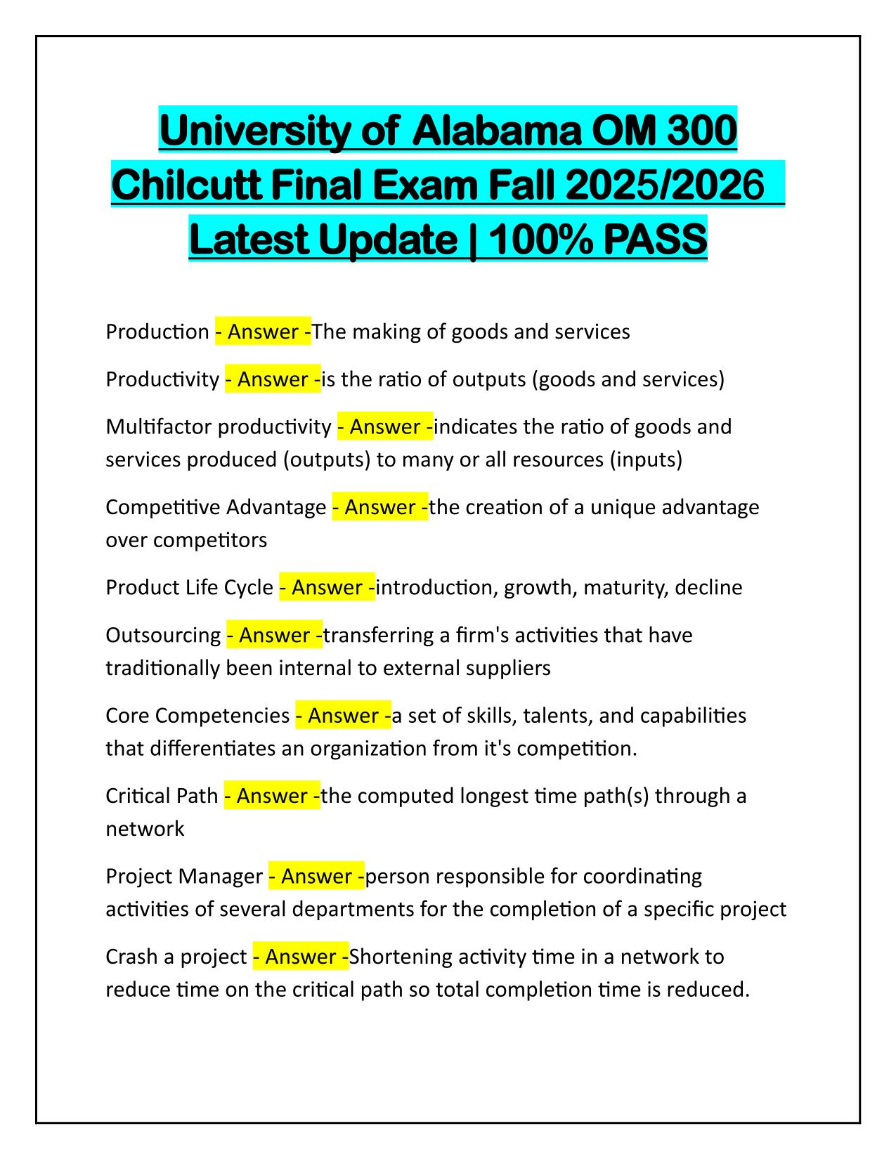 University of Alabama OM 300 Chilcutt Final Exam Fall 2025, 2026