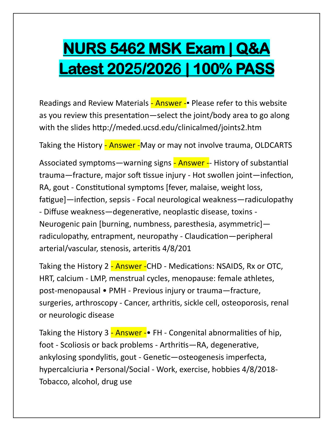 NURS 5462 MSK Exam Correctly Answered Latest