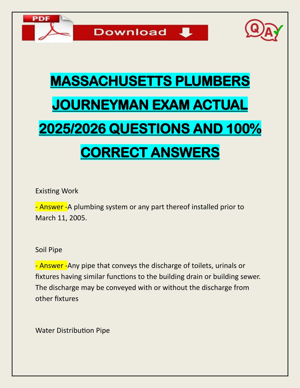 MASSACHUSETTS PLUMBERS JOURNEYMAN EXAM ACTUAL 2025/2026