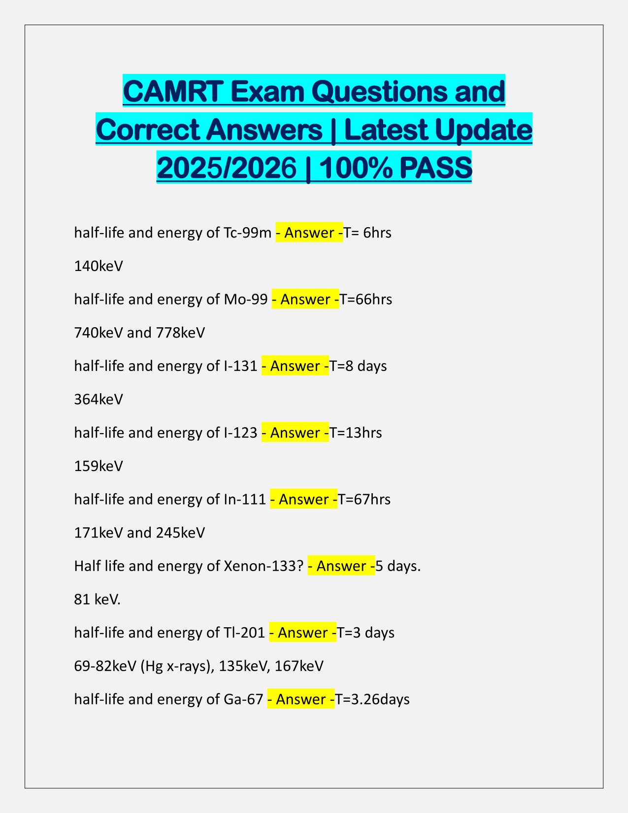 Bundle for CAMRT EXAMS Q&A Latest Update